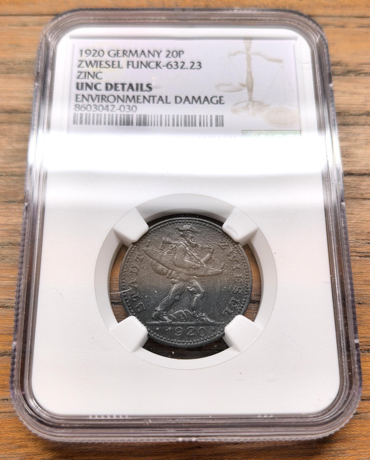 凡希社世界钱币微拍第三百十九期 1920德紧茨维瑟尔20芬尼锌币NGC-UNCD