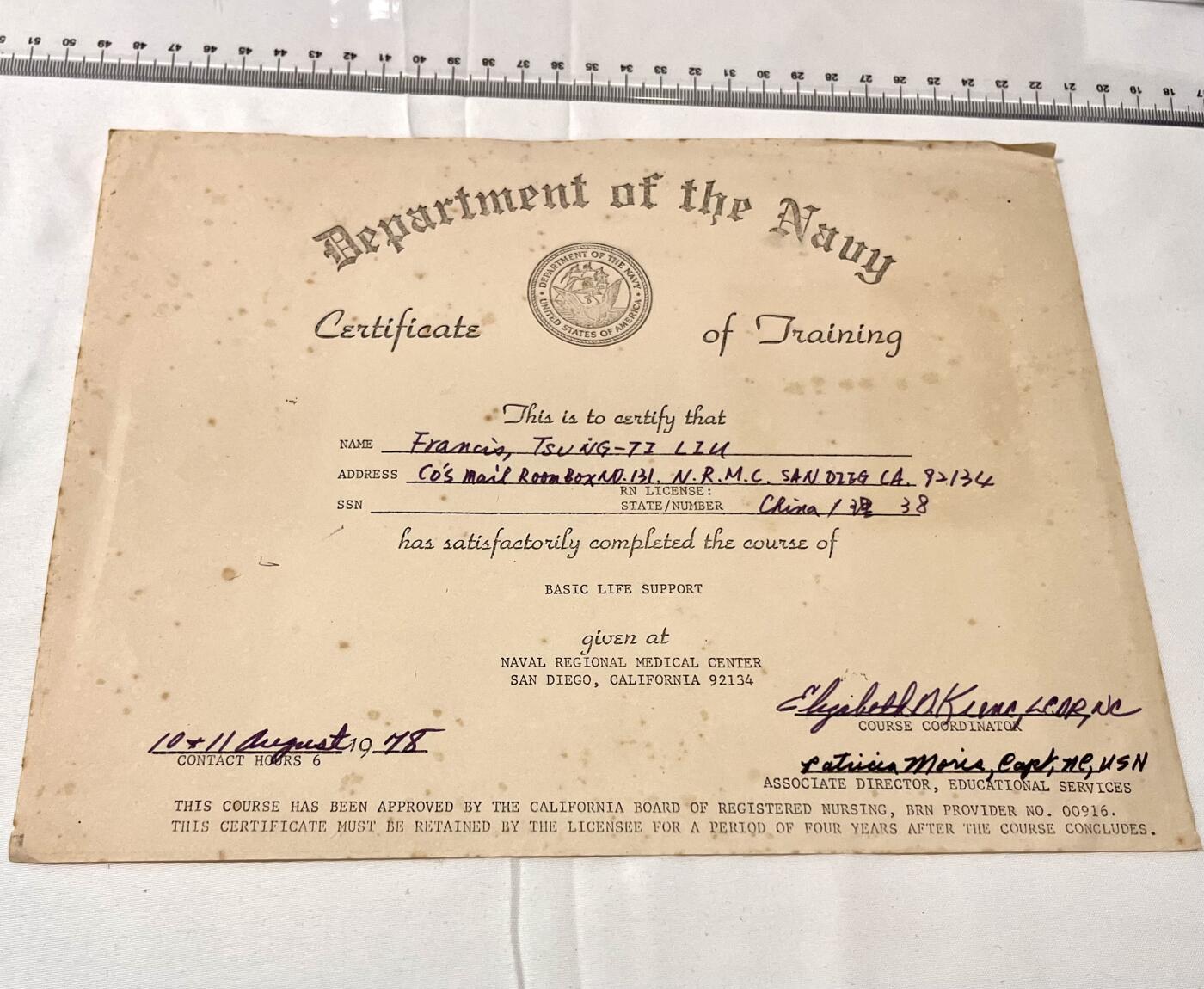 韵星假日拍卖第三十八期 -- Rimey Holidays Auction 38 刘宗地（姐）美国海军部训练证书，加利福尼亚州圣迭戈基地受训合格