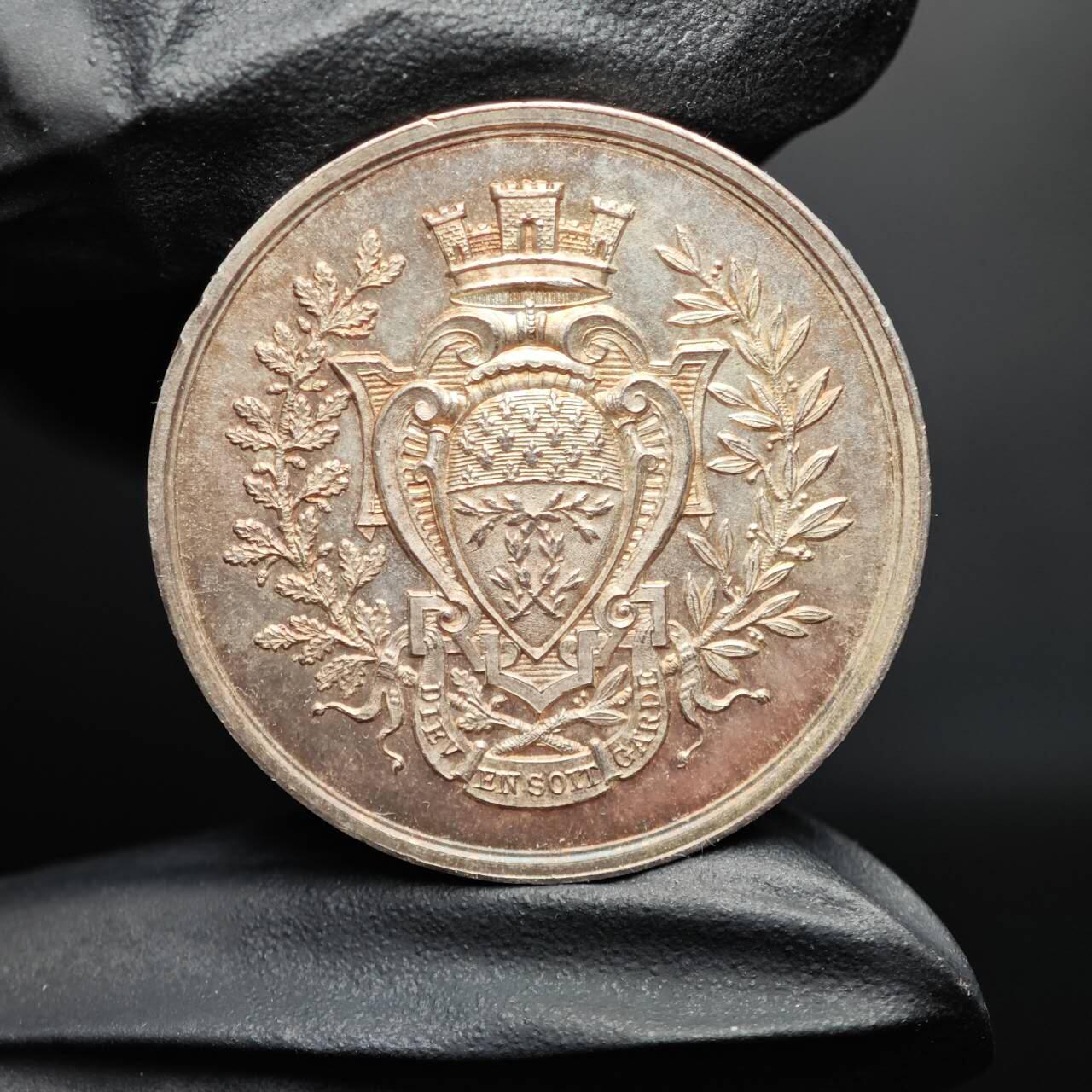 金瓯小拍第三期 古今币章 银价专场 法国雷莫斯保险公司银章1879年 重18.3克直径33.7mm 边铭ARGENT 好品带原光