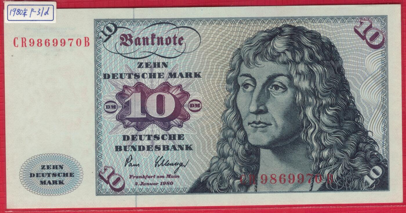 德国(联邦德国 西德)1980年10马克 P-31d 背有银行版权标识版 无4 实物图 UNC