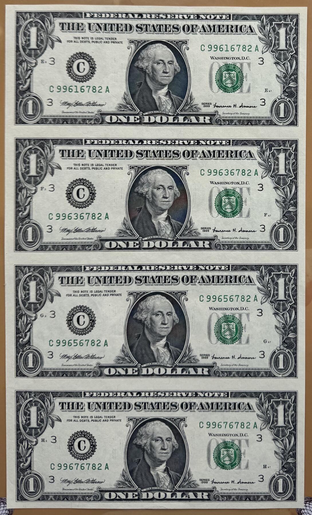 2026第2场（总第229期）：精品测试钞、连体钞综合场 四连体/美国1999年版1美元连体钞豪华硬册装UNC（C库印）