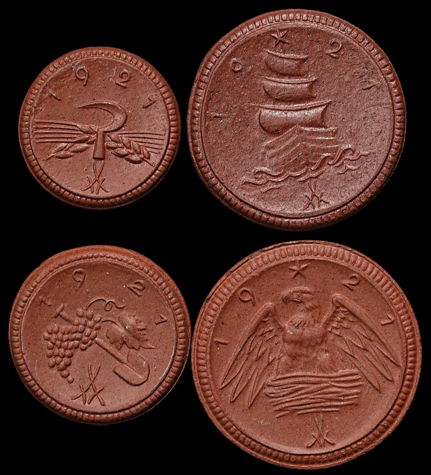 修遠堂世界钱币第102期 1921年德国紧急时期萨克森陶瓷币四枚 完全未流通