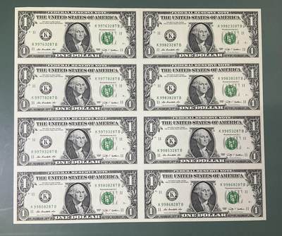 【礼羽收藏】🌏世界钱币拍卖第121期 - 美国美联储09版1美元8连体钞，无4靓号绝品
