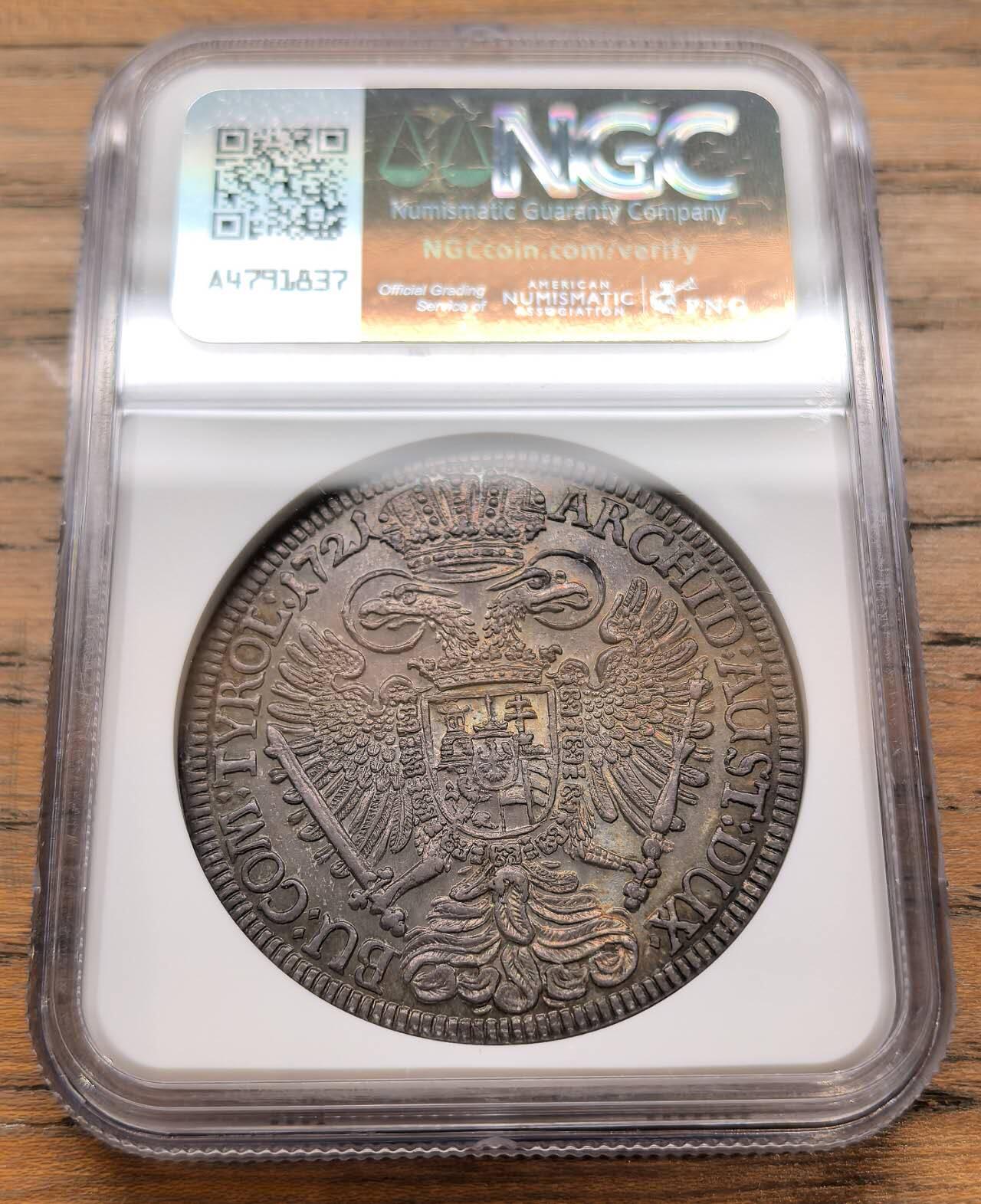 凡希社世界钱币微拍第三百十九期 荐！1721神罗卡尔六世长卷发戎装像泰勒大银蒂罗尔厂NGC-MS61，传世欧陆灰彩，哑光质地，一流的视觉美感，需上手实物感受，个人认为明显低评（附视频）