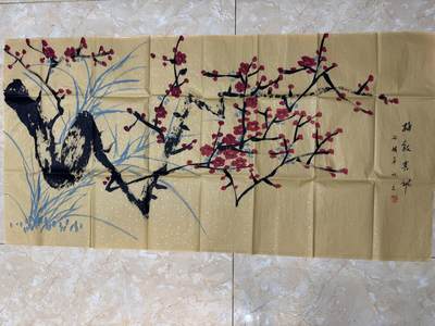 NO.22 好又多金牌大场，年前倒数第3期！每周一站式配齐，方便凑单！（周6晚9点截拍，卖家送拍0抽成！） - 【国画】手绘画 金底宣花红梅 钤印【寒梅吐艳，雪裹红芳】