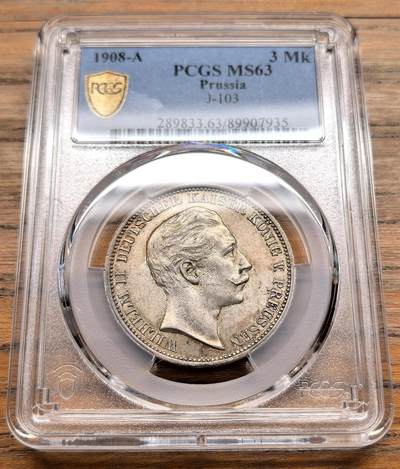 凡希社世界钱币微拍第三百十九期 - 1908A德国普鲁士3马克银币PCGS-MS63