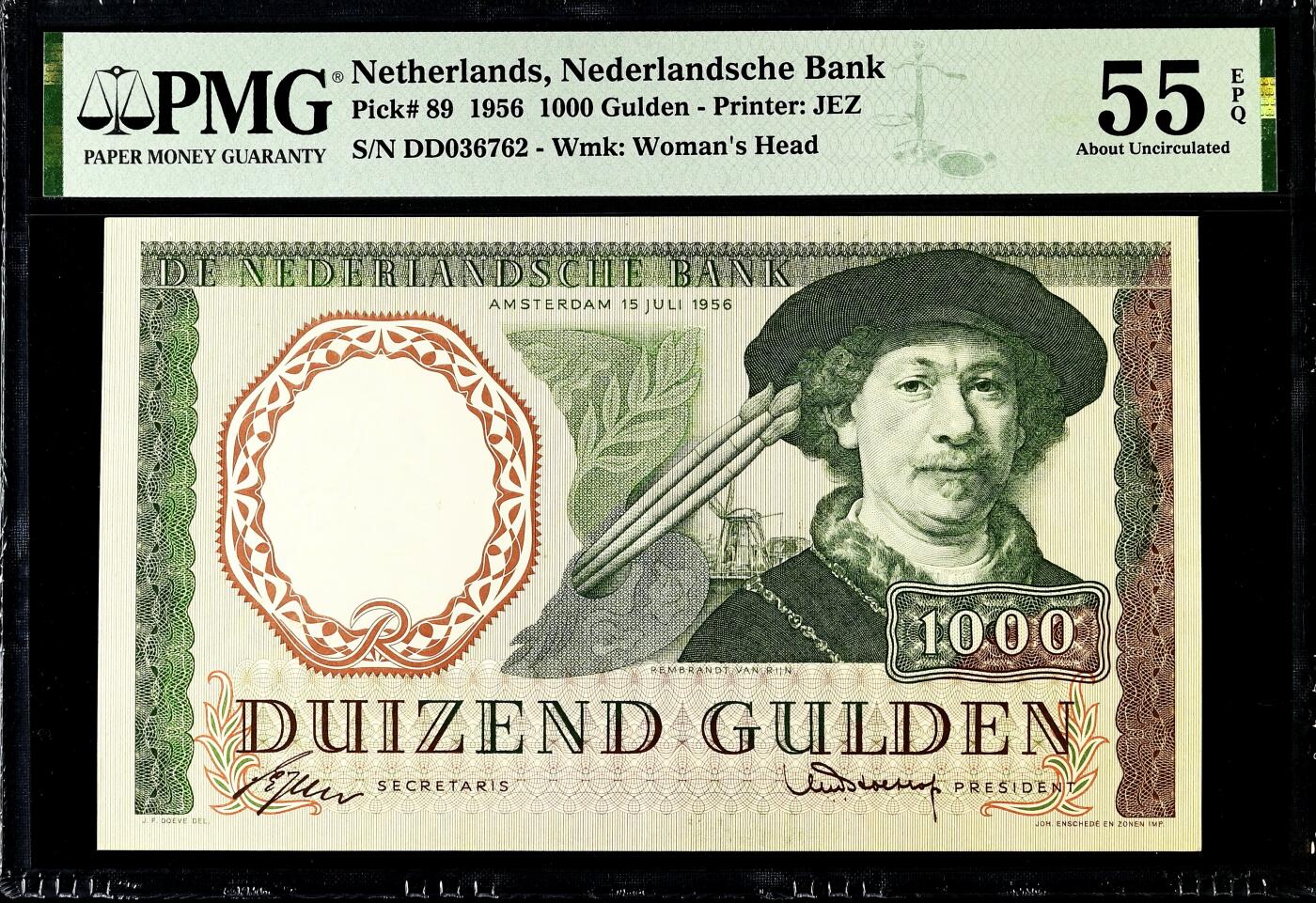 【Blue Auction】世界纸币精拍第779期——18级TOP拍卖/信誉/品质/专业/高效💫   【仅3张更高分 好品少见】荷兰 1956年1000盾 经典伦勃朗 人像及设计均是西欧顶级水准 PMG55EPQ 近新原票状态佳 票面干净 油墨凹凸感非常好 西欧进阶藏家值得收藏 必备的一张（去年一张55无E的都拍了7200美金）