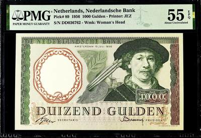 【Blue Auction】世界纸币精拍第779期——18级TOP拍卖/信誉/品质/专业/高效💫 -   【仅3张更高分 好品少见】荷兰 1956年1000盾 经典伦勃朗 人像及设计均是西欧顶级水准 PMG55EPQ 近新原票状态佳 票面干净 油墨凹凸感非常好 西欧进阶藏家值得收藏 必备的一张（去年一张55无E的都拍了7200美金）