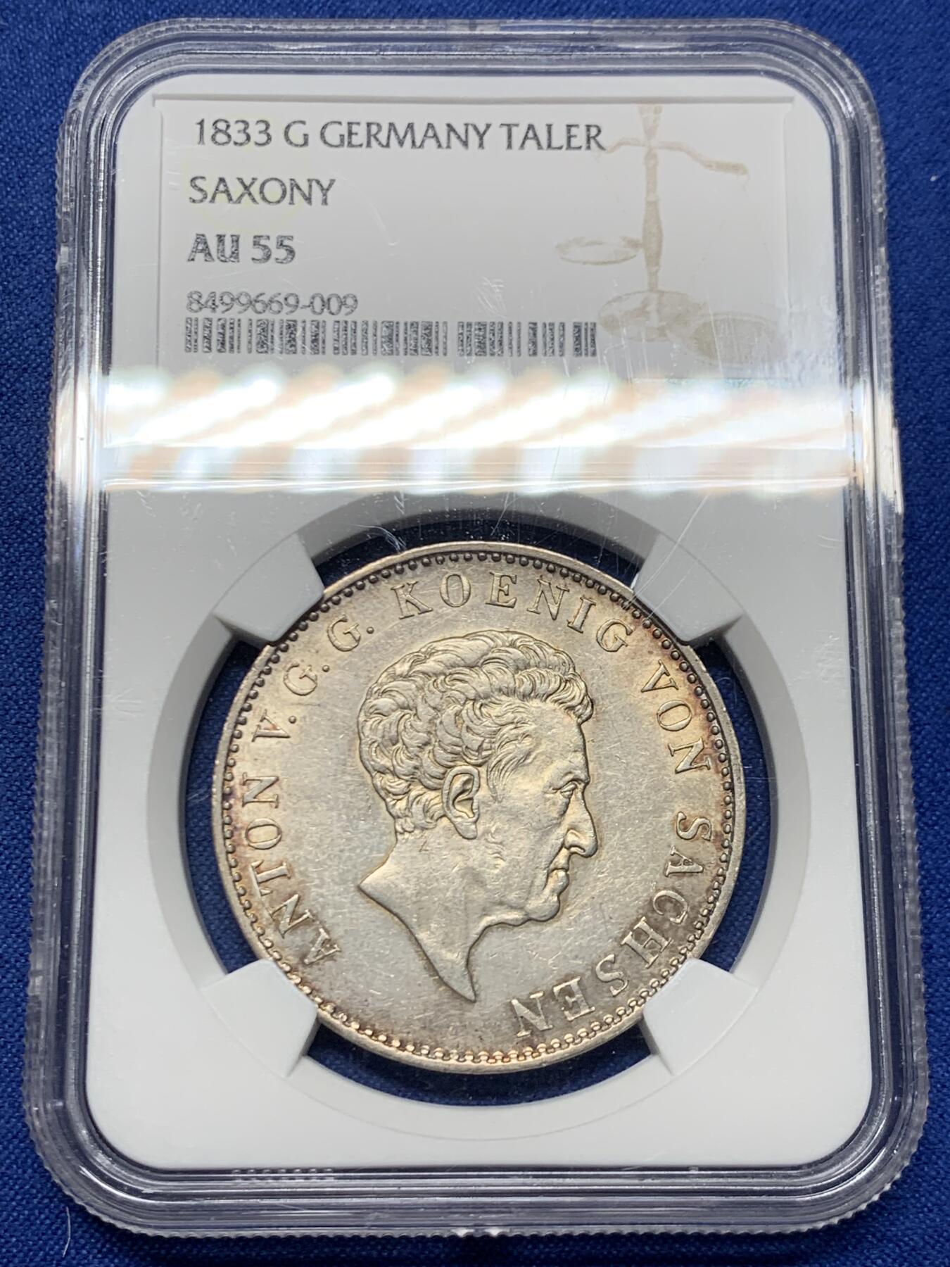 《竞宝斋》第461场 周日，周一，2场连拍 （全场包邮）欢迎送拍 NGC AU55 德国萨克森王国 1833 安东一世泰勒银币 大型泰勒 28.06g