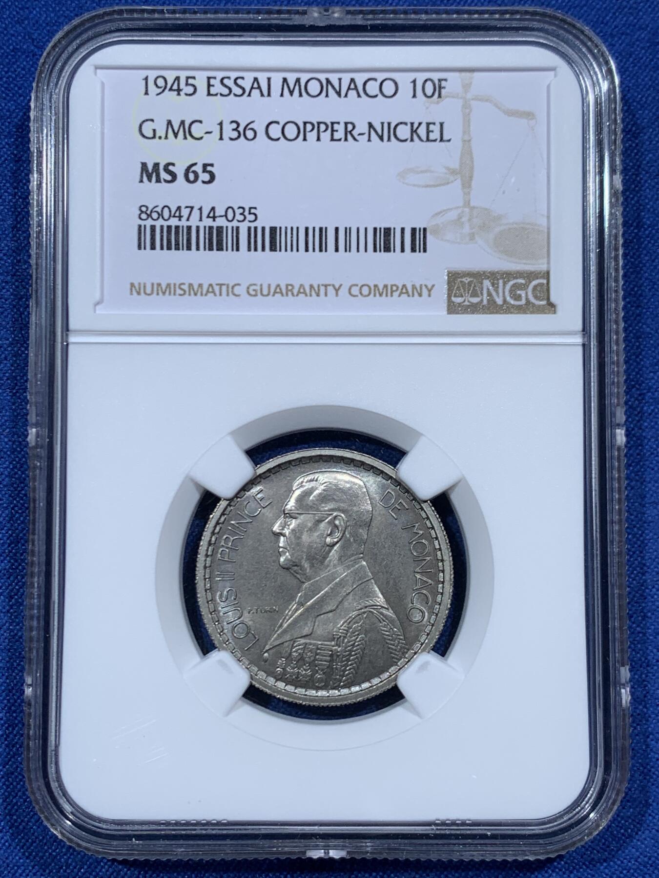 《竞宝斋》第461场 周日，周一，2场连拍 （全场包邮）欢迎送拍 NGC MS65 摩纳哥 1945年 10法郎 样币 值得入藏
