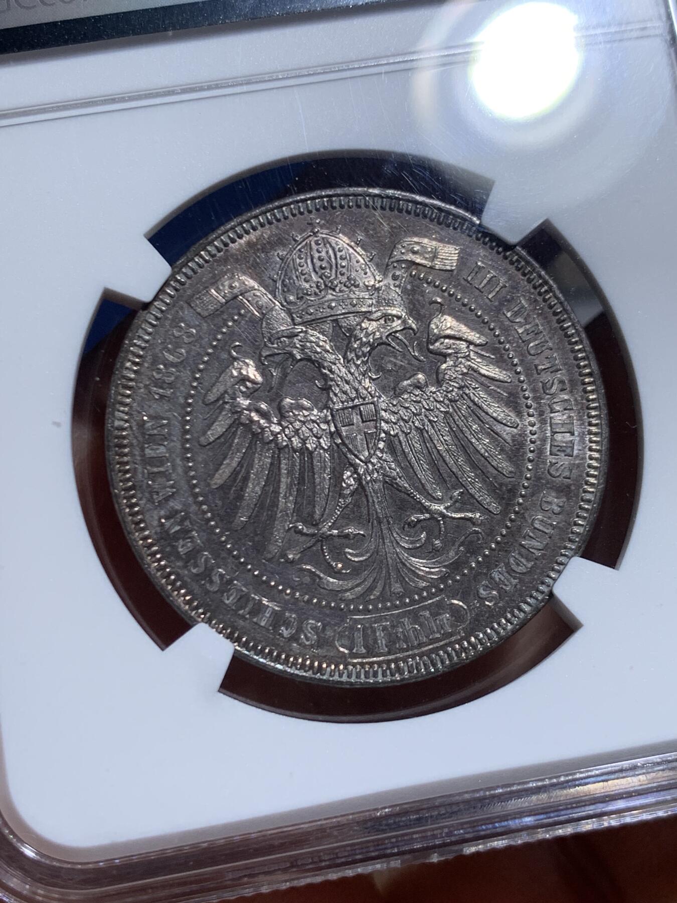 《竞宝斋》第461场 周日，周一，2场连拍 （全场包邮）欢迎送拍 NGC MS61 奥地利1868年射击节泰勒银币 紫罗兰包浆 橡树题材