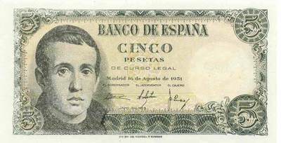 小福收藏拍卖第199期 裸钞场 本期有多张豹子号靓号 瑞士1000法郎 经典提香 毛里求斯首发年大全套 白俄罗斯5000000卢布 苏里南10000盾  爱沙尼亚  苏丹 西班牙 保加利亚 古巴等多国精美纸币 - 西班牙 1951年 5比塞塔 unc