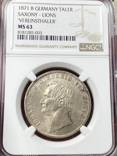 万国钱币拍卖第059期 - NGC MS63 1871萨克森双狮纹章流通泰勒 胜利年份流通泰勒 原味香槟彩转光 收藏级品质