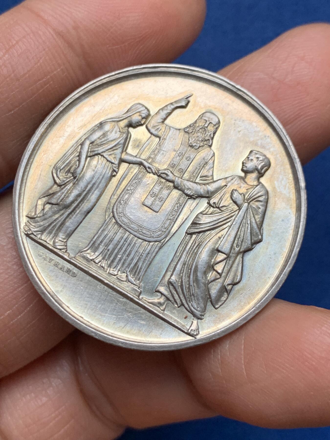 《竞宝斋》第461场 周日，周一，2场连拍 （全场包邮）欢迎送拍 法国1895年结婚纪念银章，结婚信息在边铭，丰饶角AR，36.5mm，21.7克