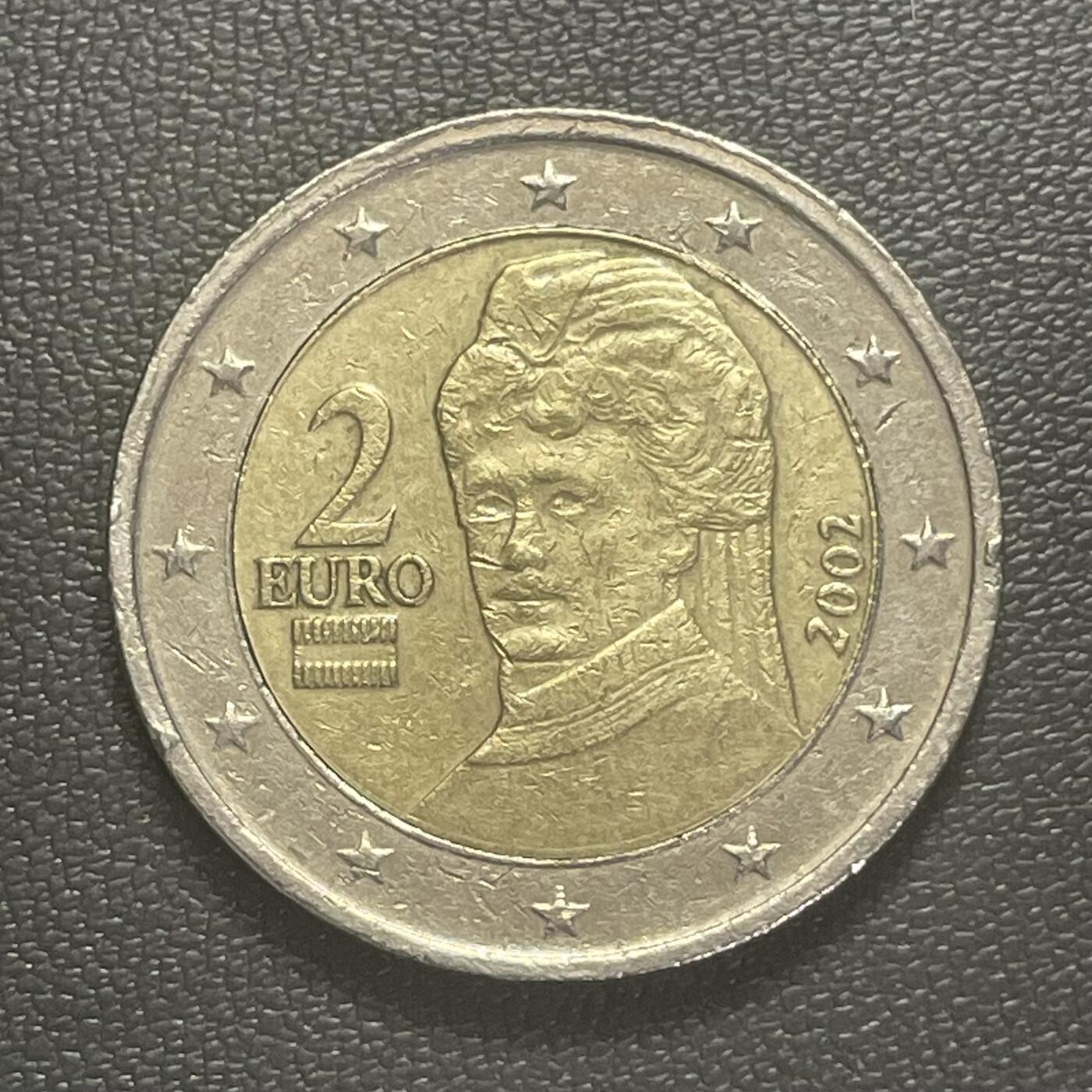 回流0125 奥地利2002年2欧元双色币 诺贝尔和平奖得主贝莎·冯·苏特纳