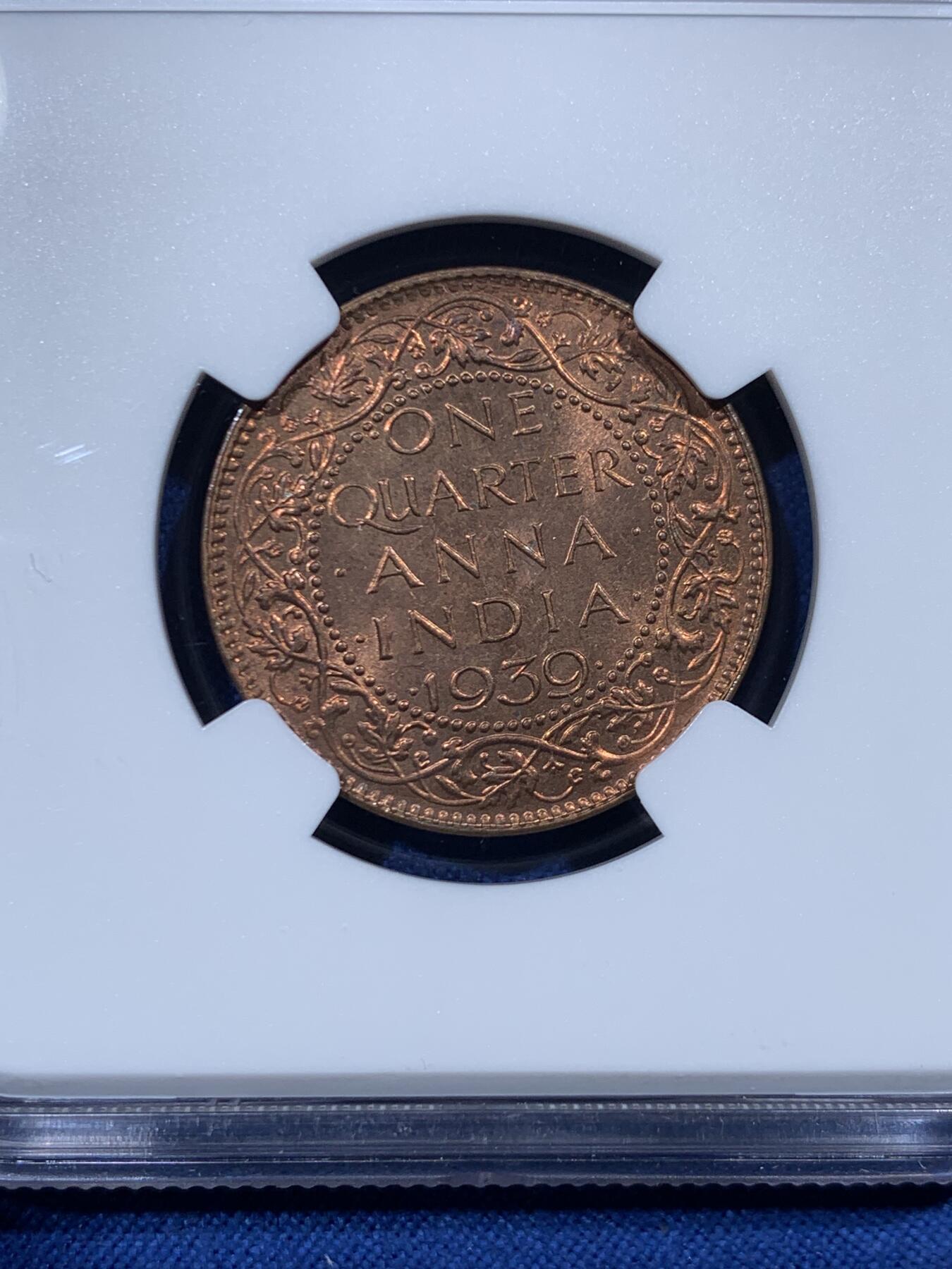 《竞宝斋》第461场 周日，周一，2场连拍 （全场包邮）欢迎送拍 NGC MS64RB 英属印度1939年B版1/4安娜铜币