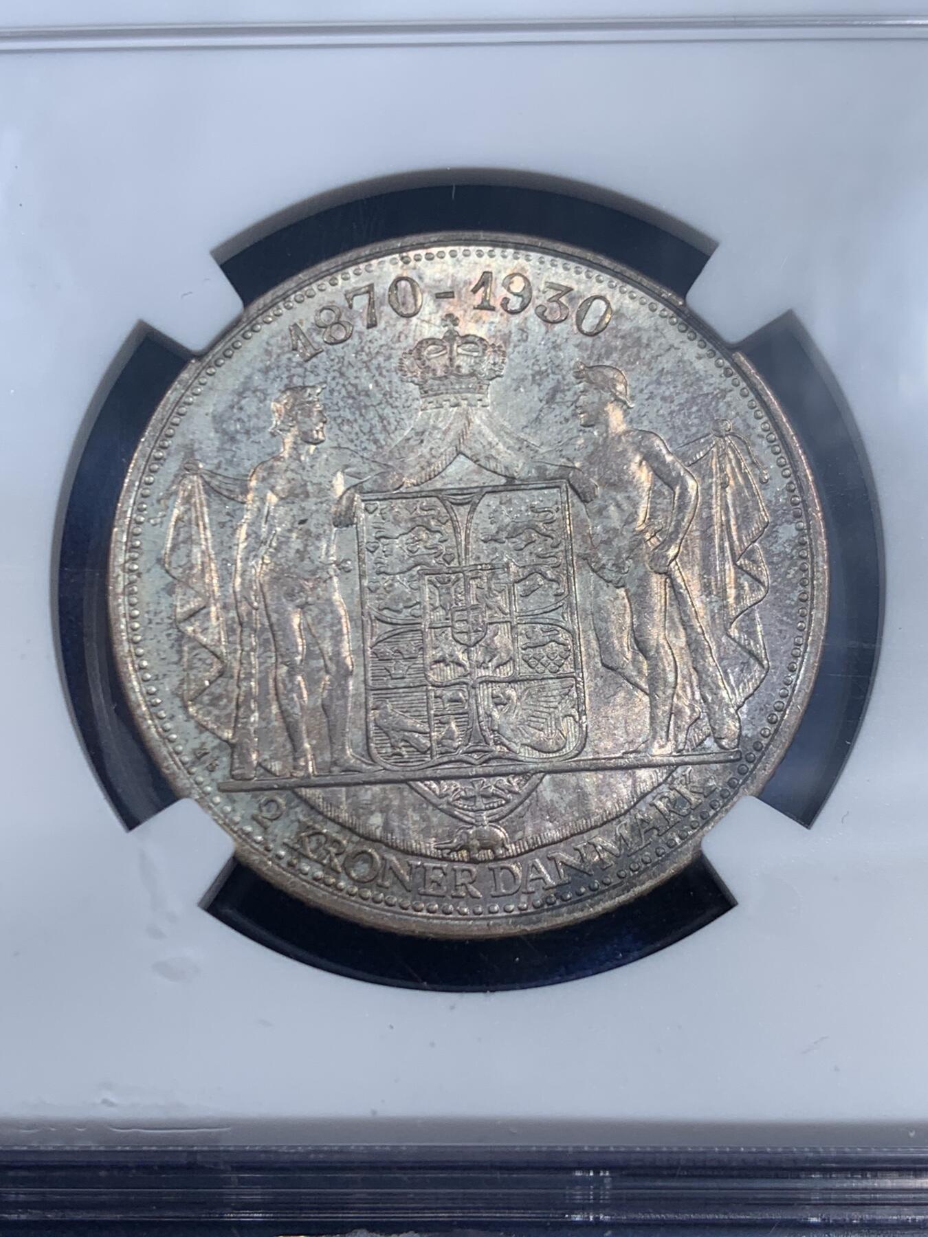 《竞宝斋》第461场 周日，周一，2场连拍 （全场包邮）欢迎送拍 NGC MS62 丹麦 1930年 2克朗 国王60周年大寿纪念银币 底板丝滑 背面浮雕清晰