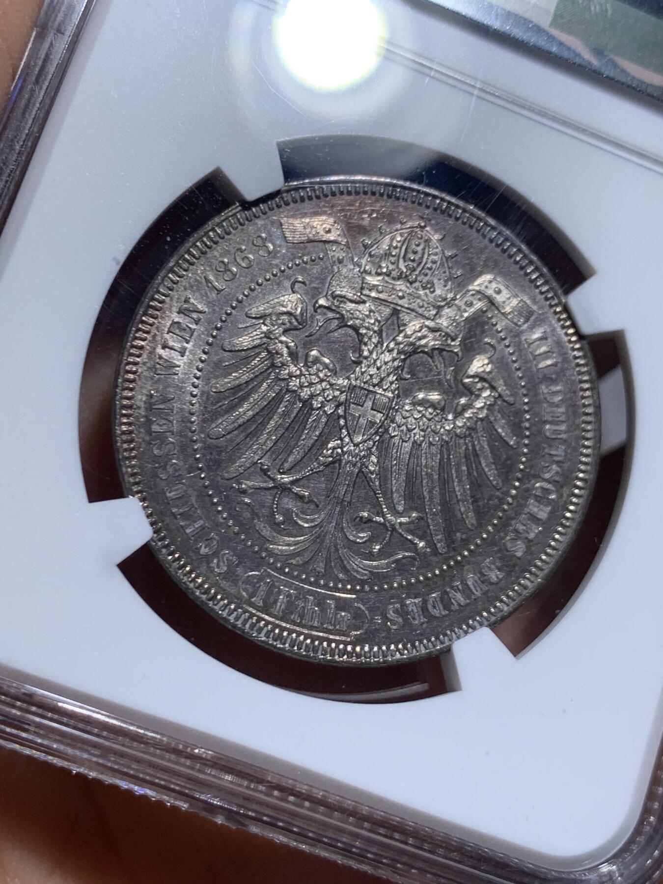 《竞宝斋》第461场 周日，周一，2场连拍 （全场包邮）欢迎送拍 NGC MS61 奥地利1868年射击节泰勒银币 紫罗兰包浆 橡树题材