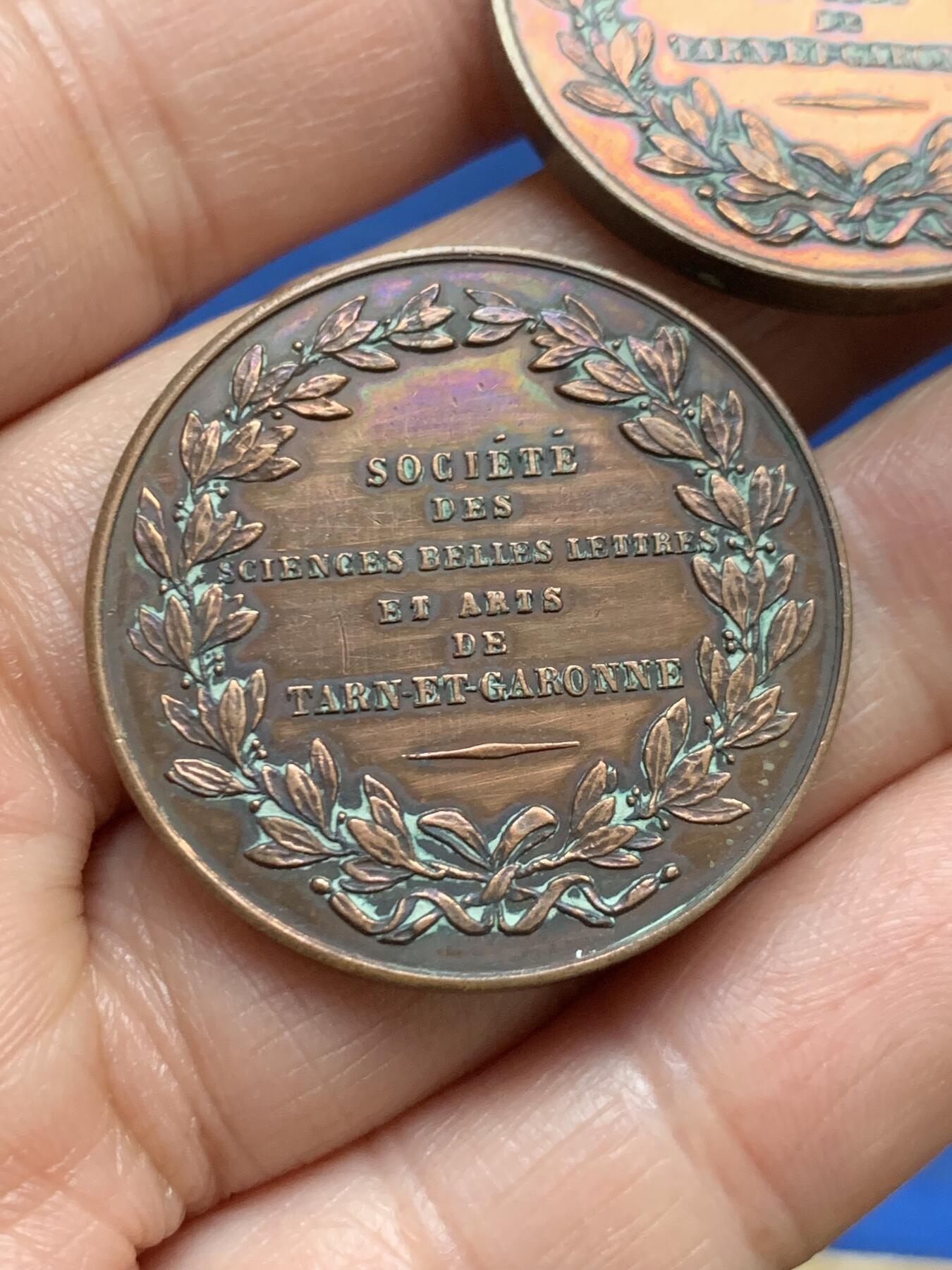 《竞宝斋》第461场 周日，周一，2场连拍 （全场包邮）欢迎送拍 两枚一组 法国塔恩-加龙省科技与艺术展纪念铜章 总重约31克 33.3mm