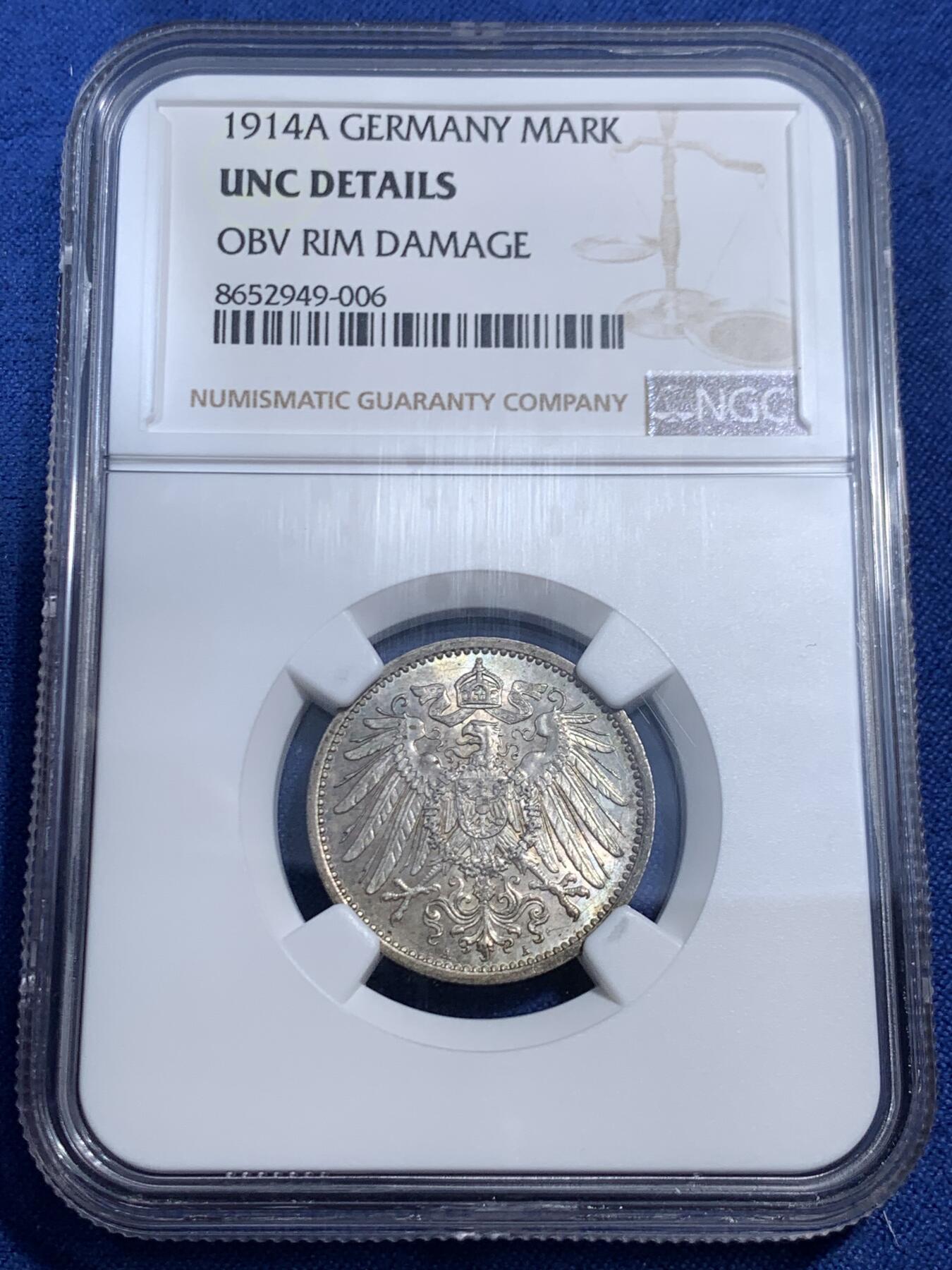 《竞宝斋》第461场 周日，周一，2场连拍 （全场包邮）欢迎送拍 NGC UNC 德国1914年1马克银币 双面原味带彩