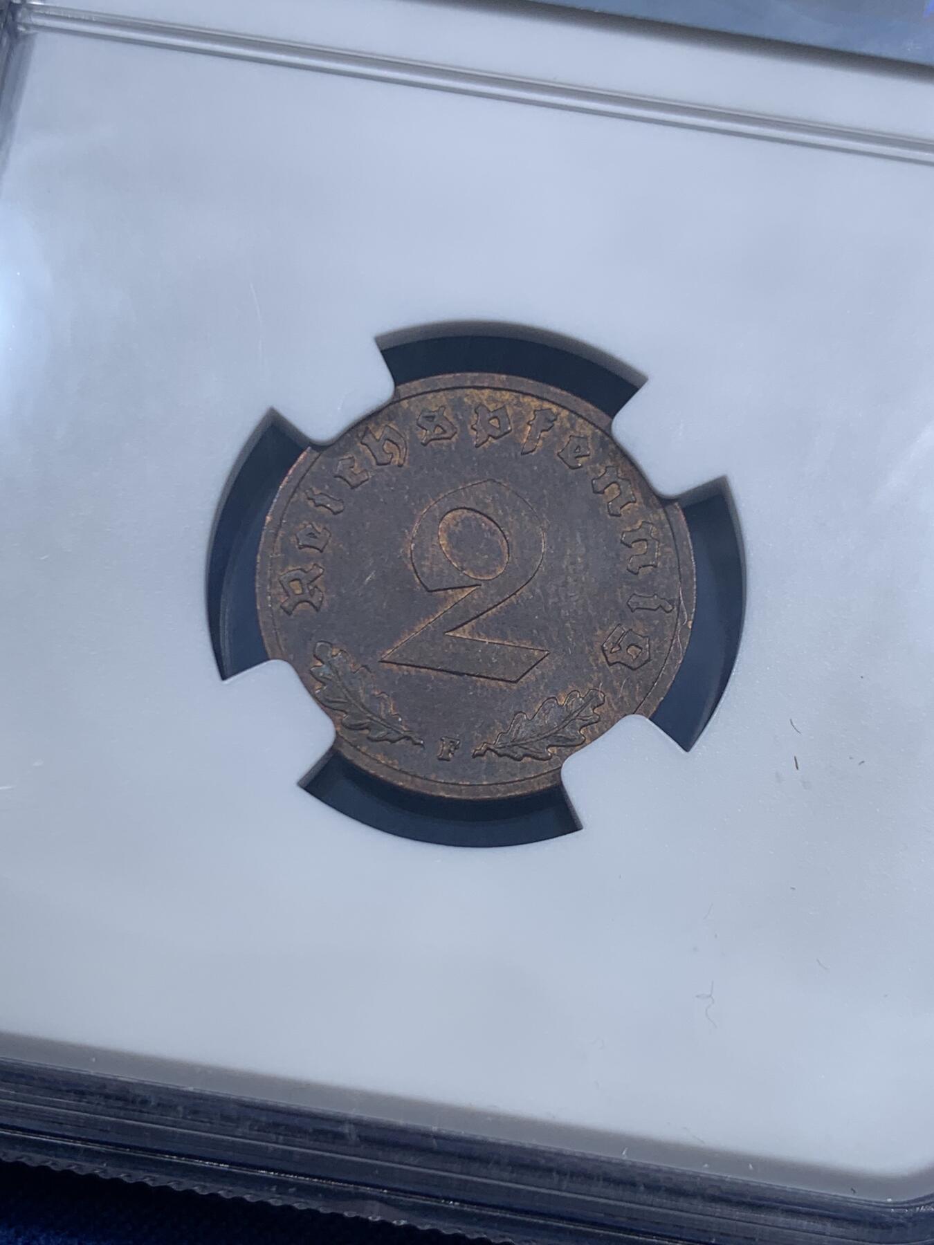 《竞宝斋》第461场 周日，周一，2场连拍 （全场包邮）欢迎送拍 两枚一组 NGC AU58BN 德国1940A/1939F带字二芬尼铜币，铜光温润，被NGC低评了