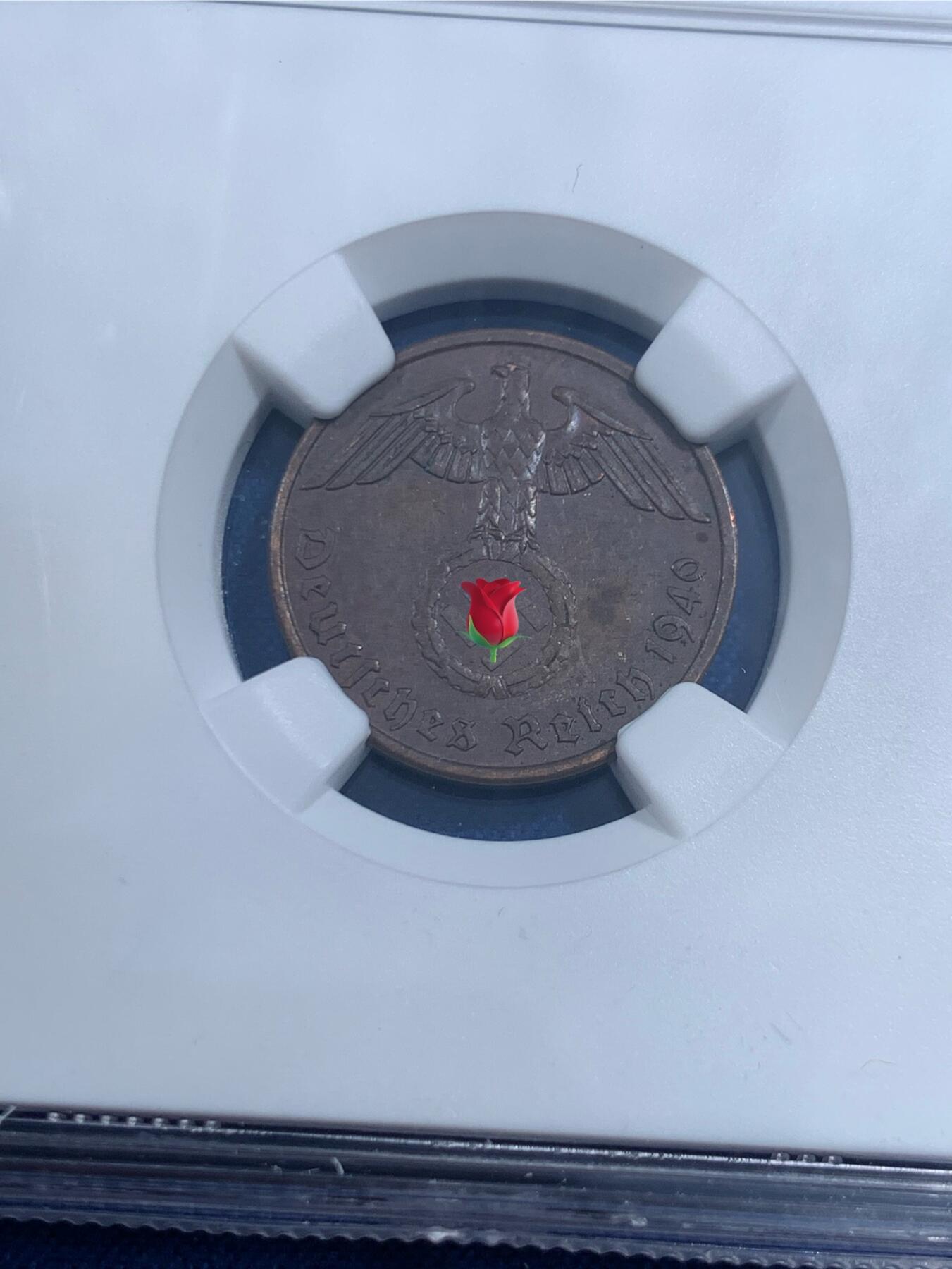 《竞宝斋》第461场 周日，周一，2场连拍 （全场包邮）欢迎送拍 两枚一组 NGC AU58BN 德国1940A/1939F带字二芬尼铜币，铜光温润，被NGC低评了