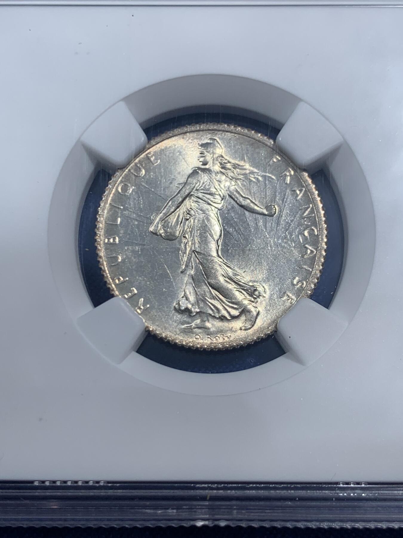 《竞宝斋》第461场 周日，周一，2场连拍 （全场包邮）欢迎送拍 NGC MS63 法国1919年播种女神1法郎银币 低评