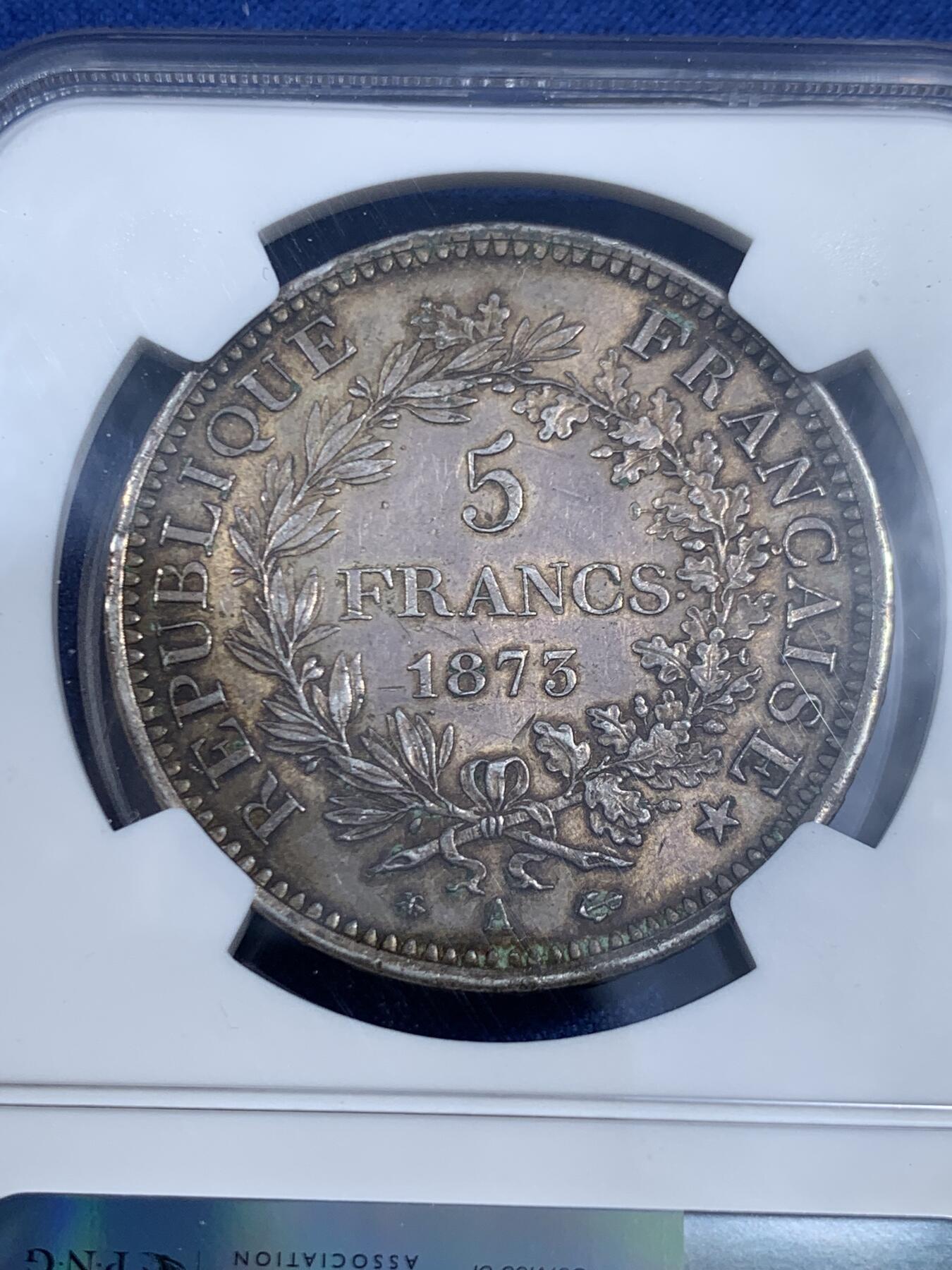 《竞宝斋》第461场 周日，周一，2场连拍 （全场包邮）欢迎送拍 NGC MS62 法国 1873年 大力神 5法郎 银币 银价暴涨 原味难得