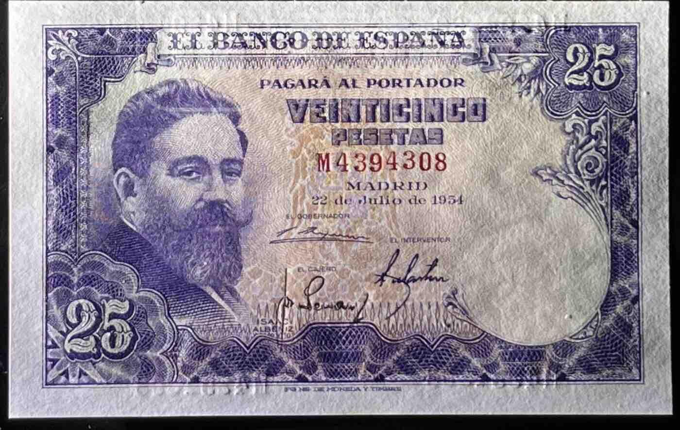 小福收藏拍卖第199期 裸钞场 本期有多张豹子号靓号 瑞士1000法郎 经典提香 毛里求斯首发年大全套 白俄罗斯5000000卢布 苏里南10000盾  爱沙尼亚  苏丹 西班牙 保加利亚 古巴等多国精美纸币 西班牙 1954年 25比塞塔 尾8 unc