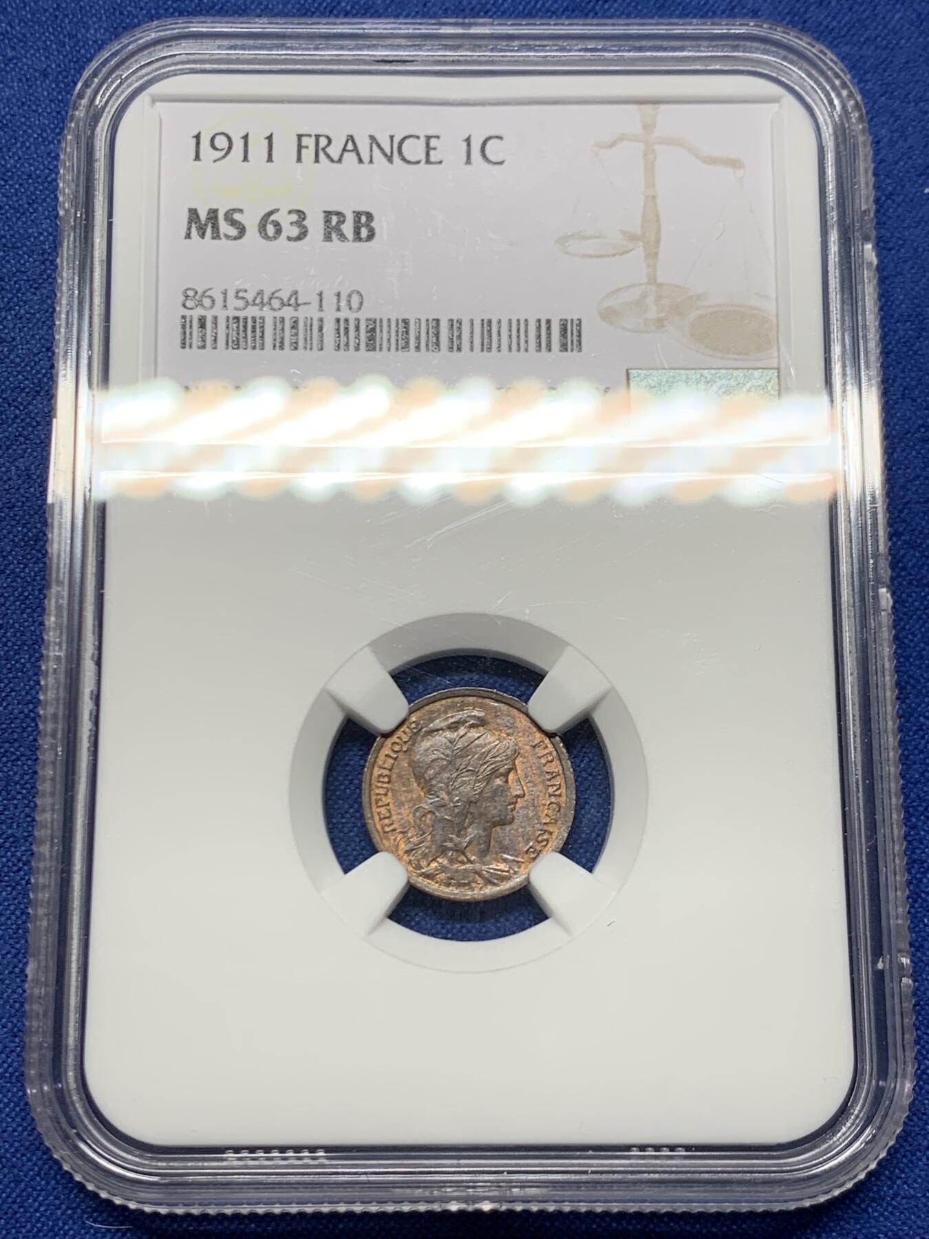 《竞宝斋》第461场 周日，周一，2场连拍 （全场包邮）欢迎送拍 NGC MS63RB 法国1911年1分铜币