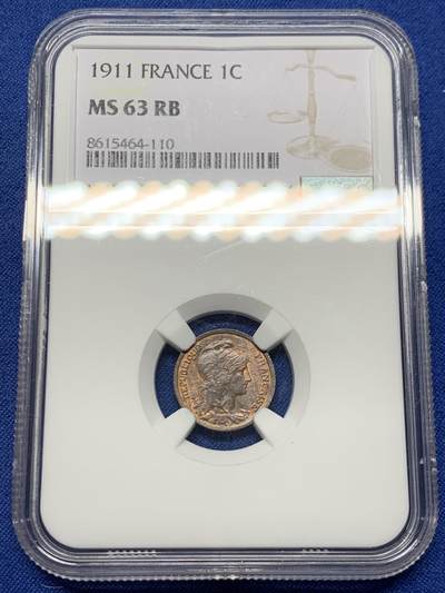 《竞宝斋》第461场 周日，周一，2场连拍 （全场包邮）欢迎送拍 - NGC MS63RB 法国1911年1分铜币