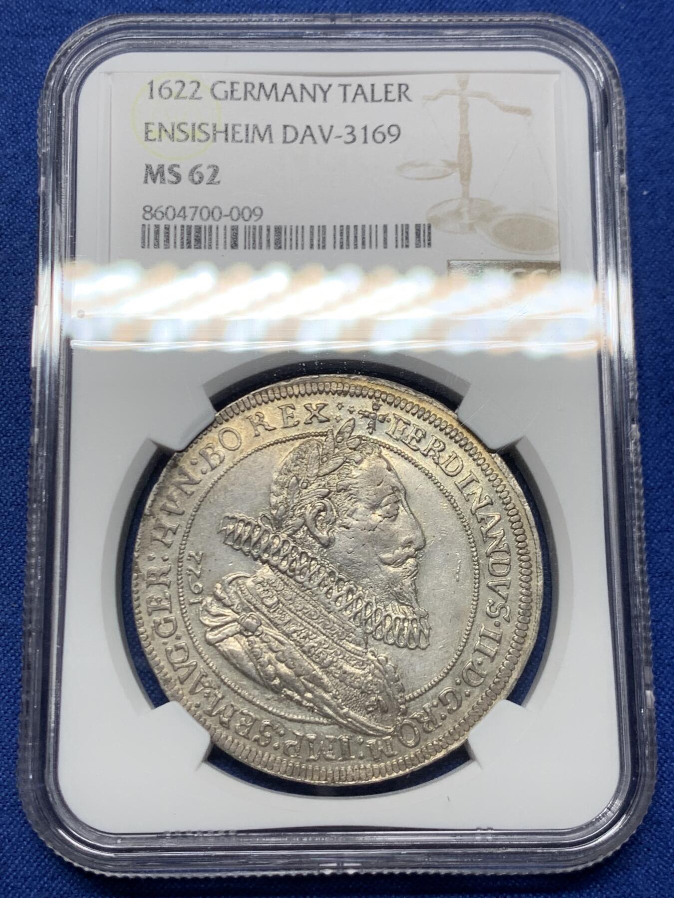 《竞宝斋》第461场 周日，周一，2场连拍 （全场包邮）欢迎送拍 冠军分 NGC MS62  奥地利帝国 1622年  上阿尔萨斯伯爵领地 费迪南二世 泰勒大银币 仅发行两年 非常稀有的版本