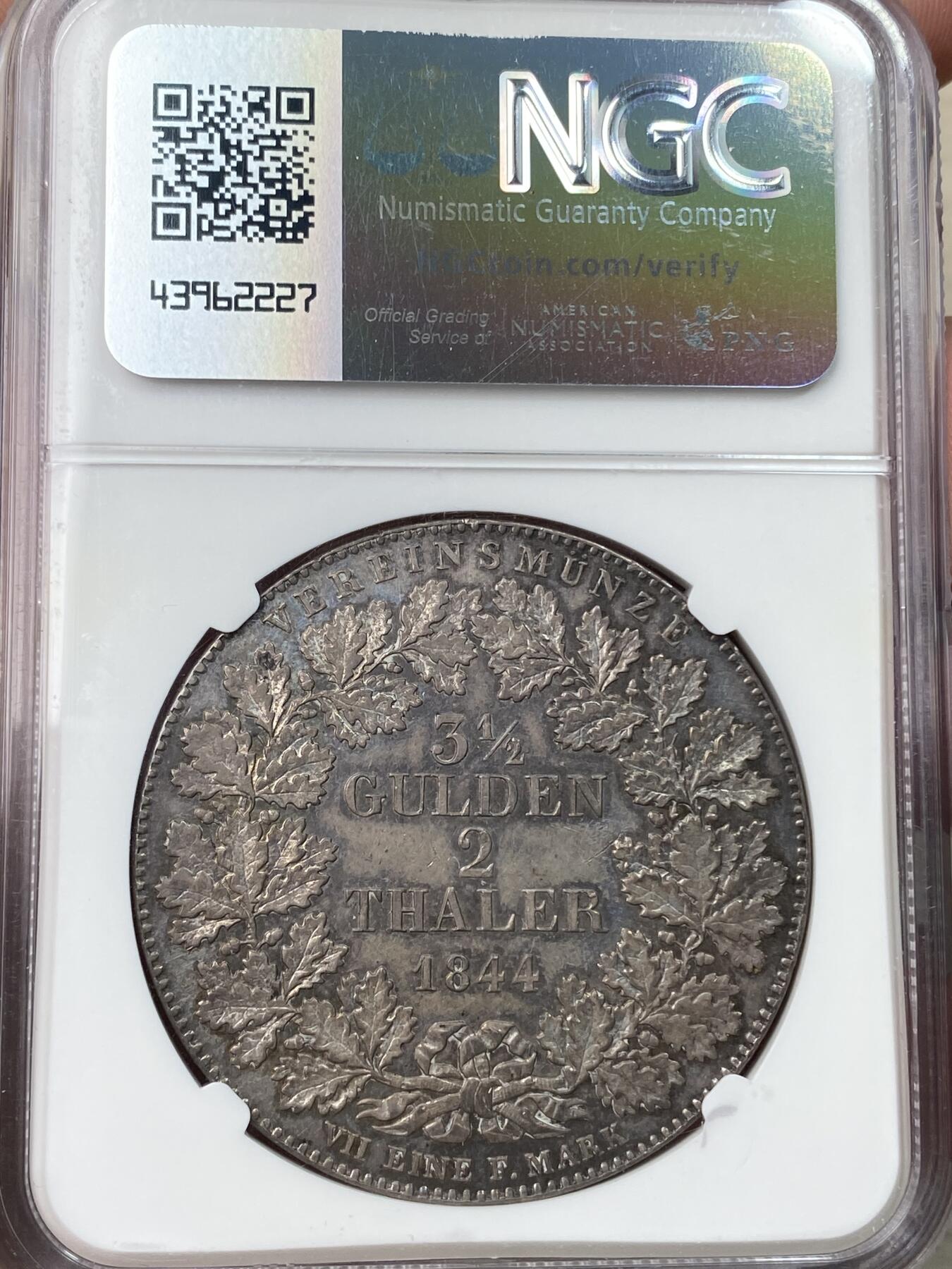 万国钱币拍卖第059期 NGC AU55 1844德国法兰克福自由市河景2泰勒 名誉景观品种 热度居高不下 厚重欧陆五彩极美 状态舒适