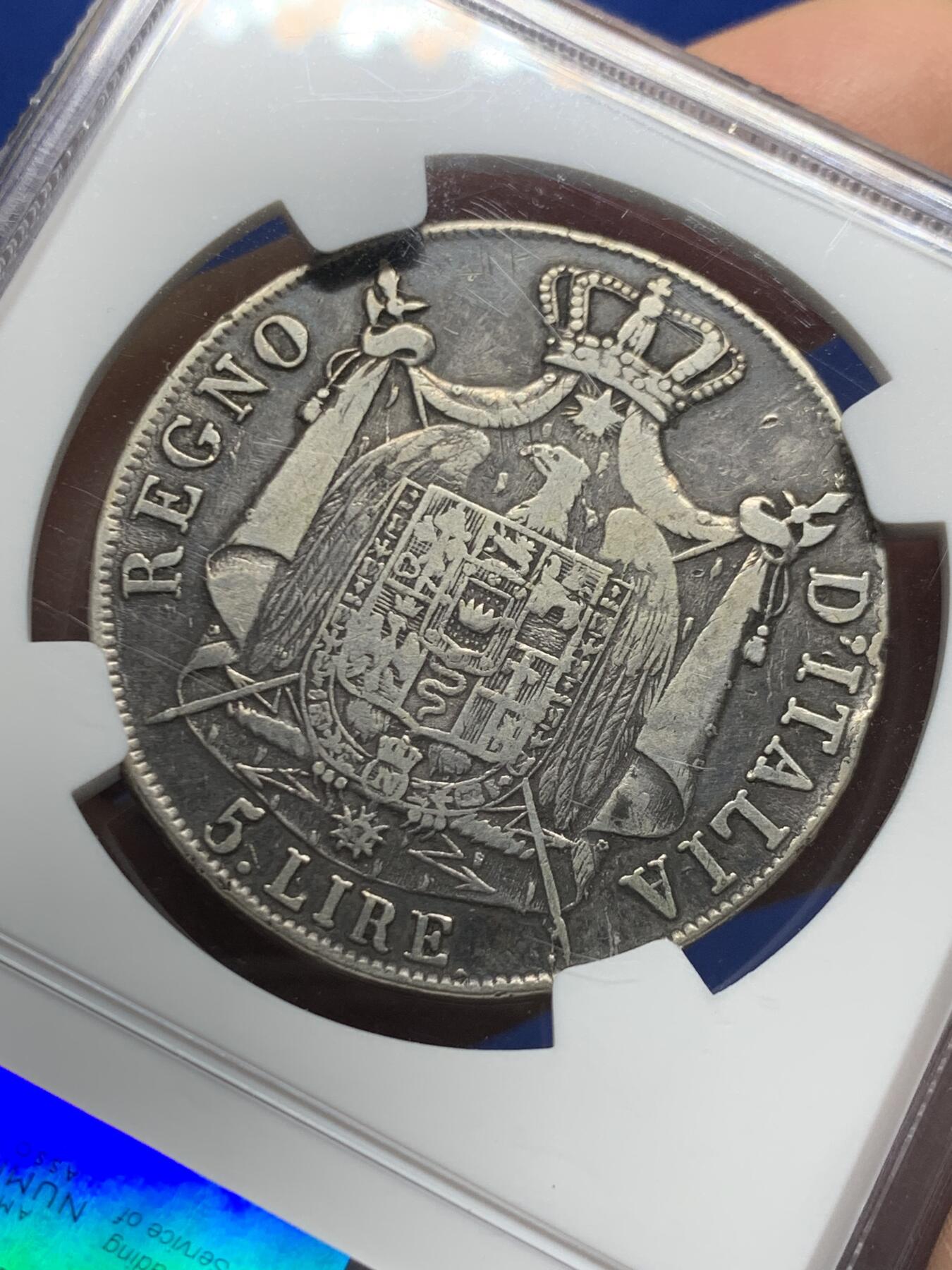 《竞宝斋》第461场 周日，周一，2场连拍 （全场包邮）欢迎送拍 NGC VG10 法属意大利 1808年 拿破仑5里拉银币 深色包浆原味状态