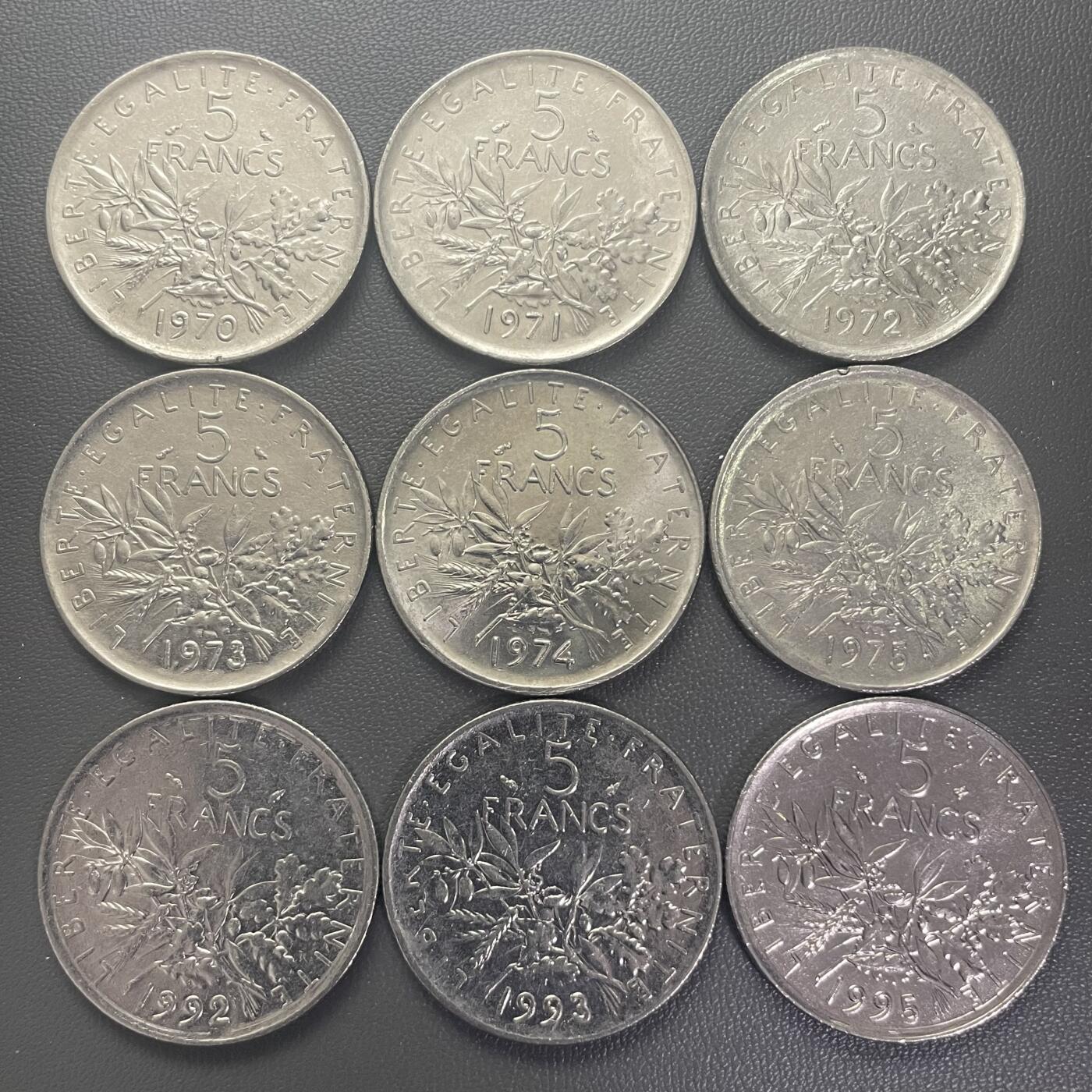 回流0125 法国1970-75、1992、93、95年播种女神5法郎9枚