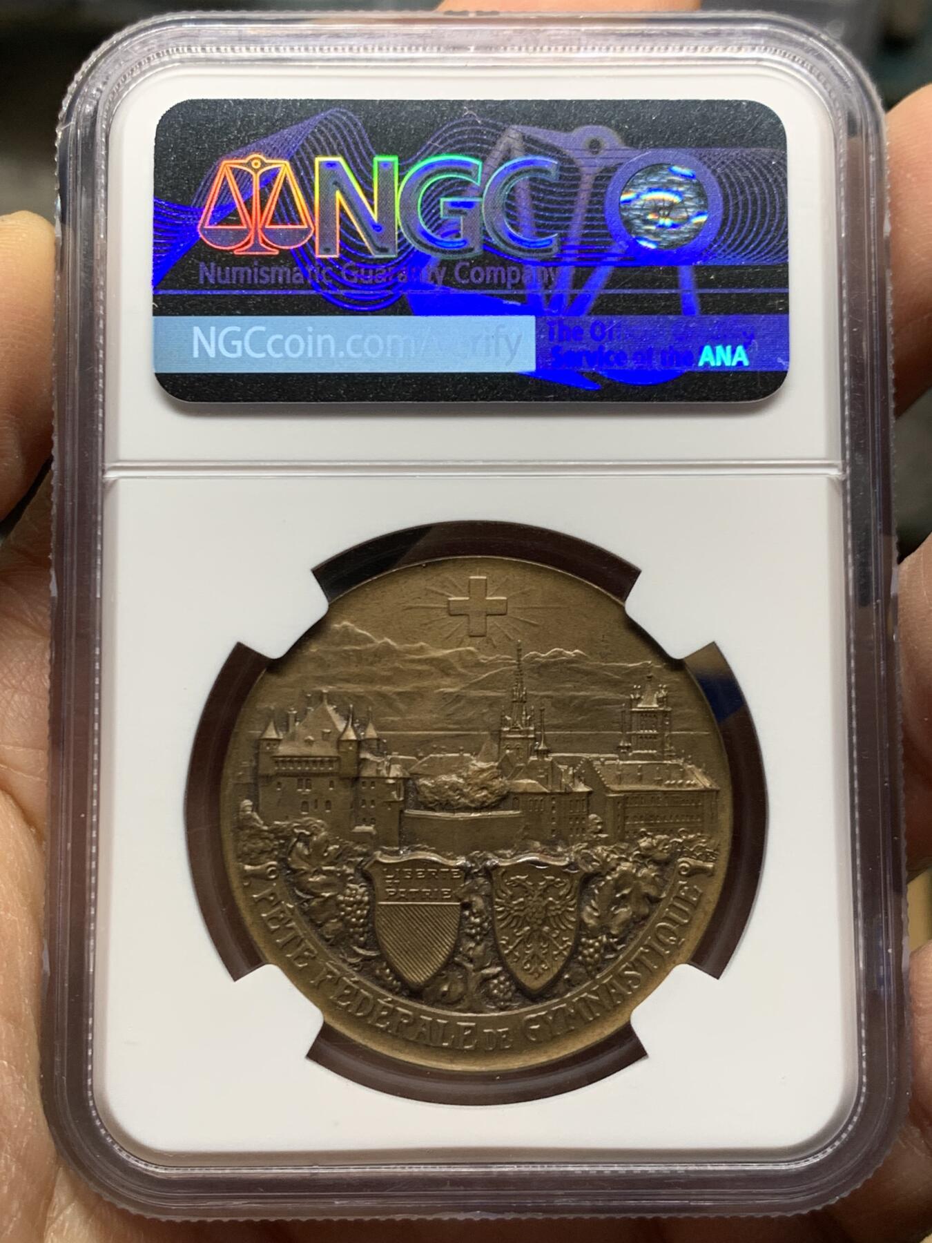 《竞宝斋》第461场 周日，周一，2场连拍 （全场包邮）欢迎送拍 NGC MS65BN 1909年 瑞士洛桑 城市景观铜章 超燃品相 高分好状态