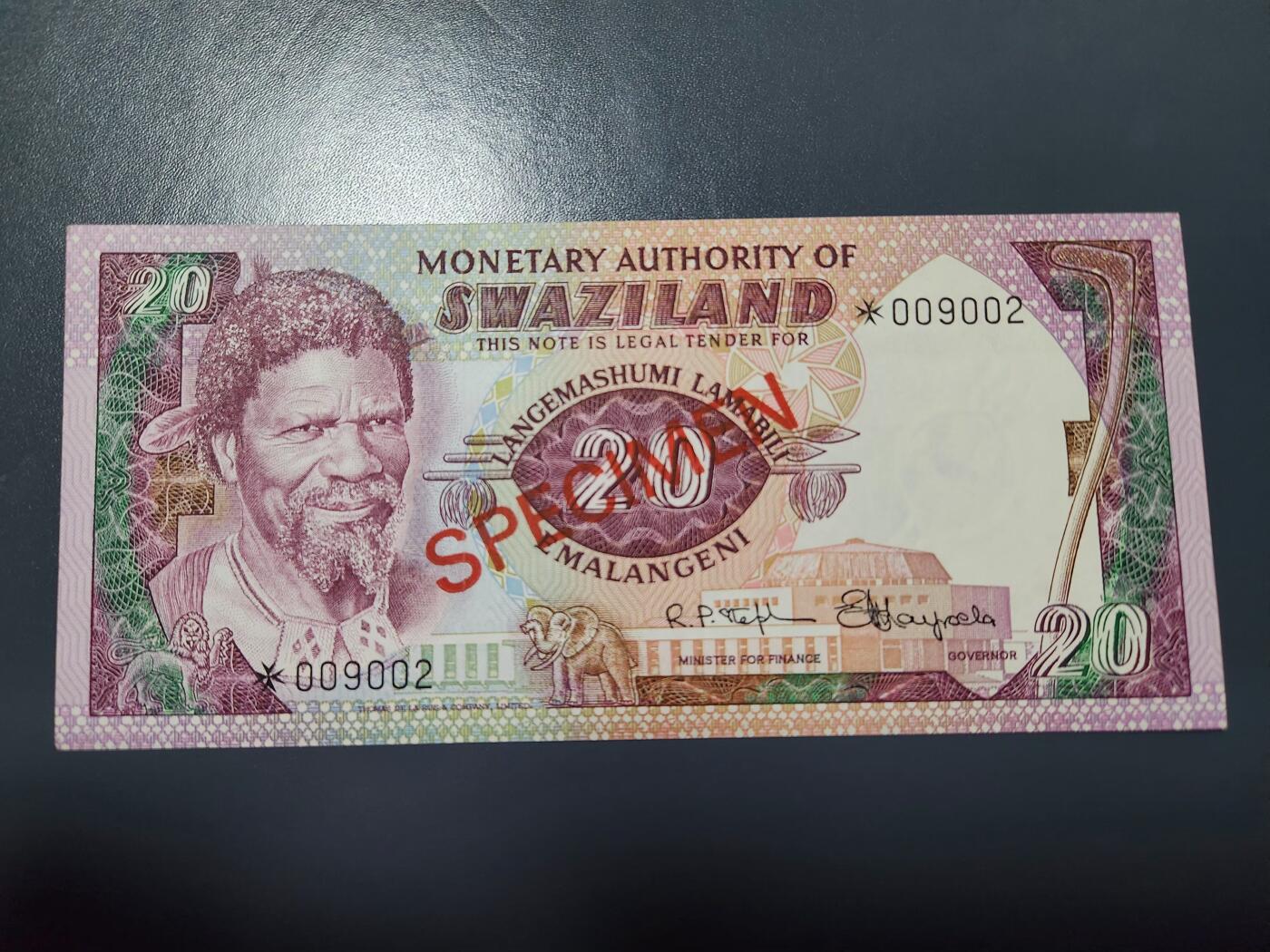 1月25号晚上8点 外国纸币自动截拍第13场 全新 斯威士兰1974年20里兰吉尼 样票 极少