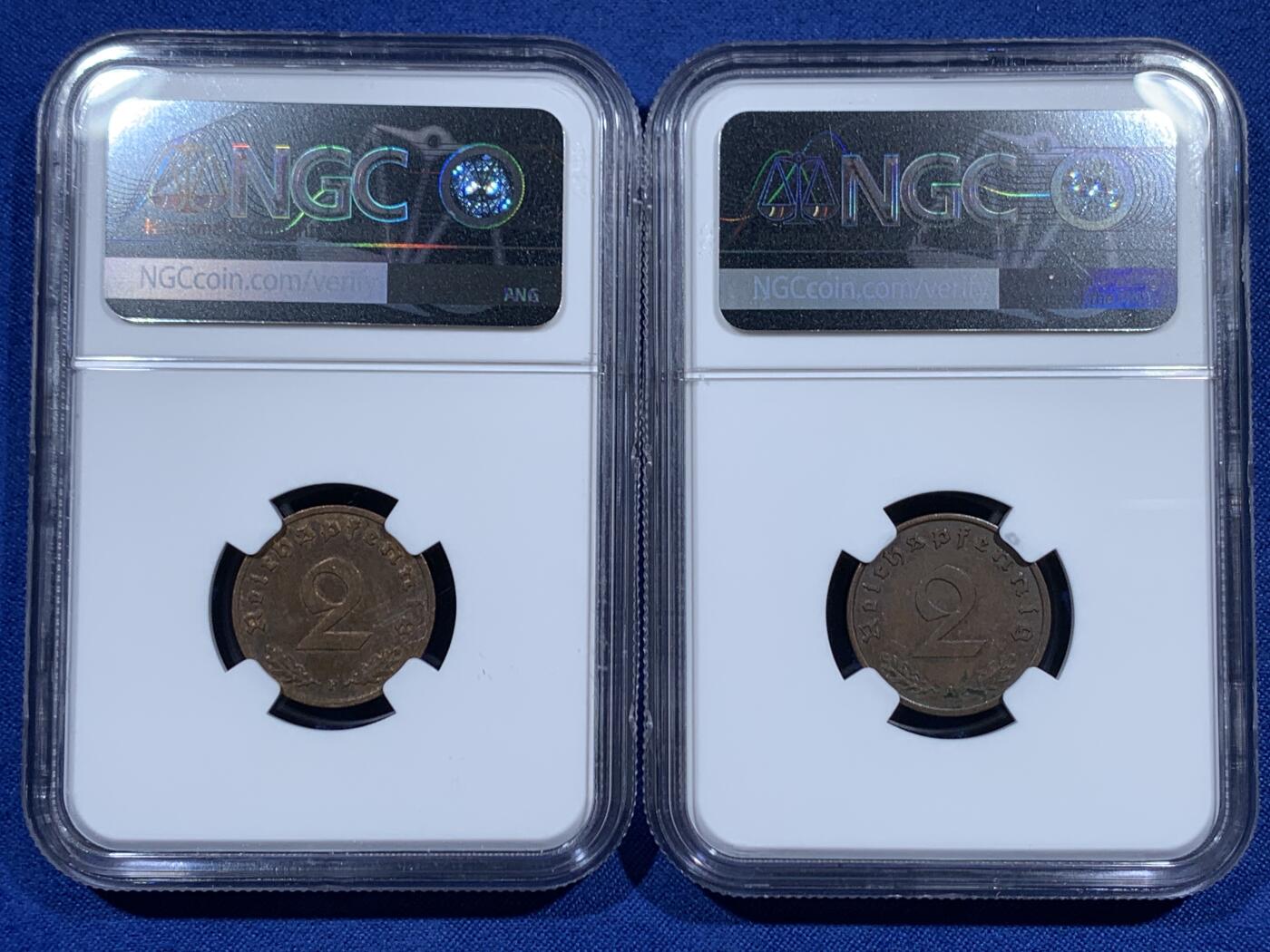 《竞宝斋》第461场 周日，周一，2场连拍 （全场包邮）欢迎送拍 两枚一组 NGC AU58BN 德国1940A/1939F带字二芬尼铜币，铜光温润，被NGC低评了