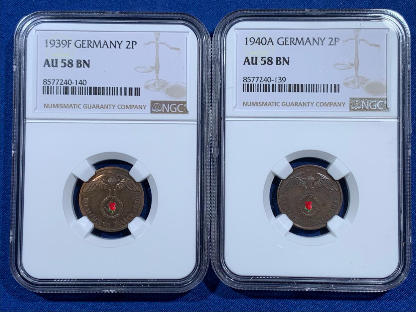 《竞宝斋》第461场 周日，周一，2场连拍 （全场包邮）欢迎送拍 两枚一组 NGC AU58BN 德国1940A/1939F带字二芬尼铜币，铜光温润，被NGC低评了