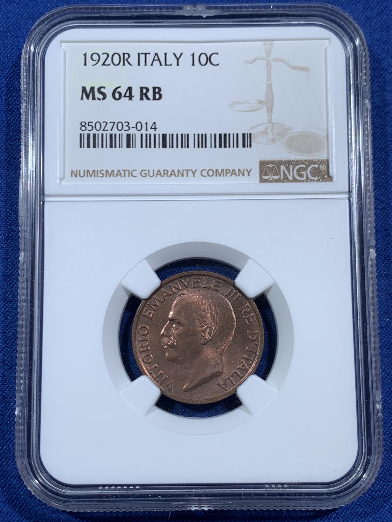 《竞宝斋》第461场 周日，周一，2场连拍 （全场包邮）欢迎送拍 NGC MS64RB 意大利1920年小蜜蜂10分，古典主义风格代表作品，极美的设计，原铜光不容易