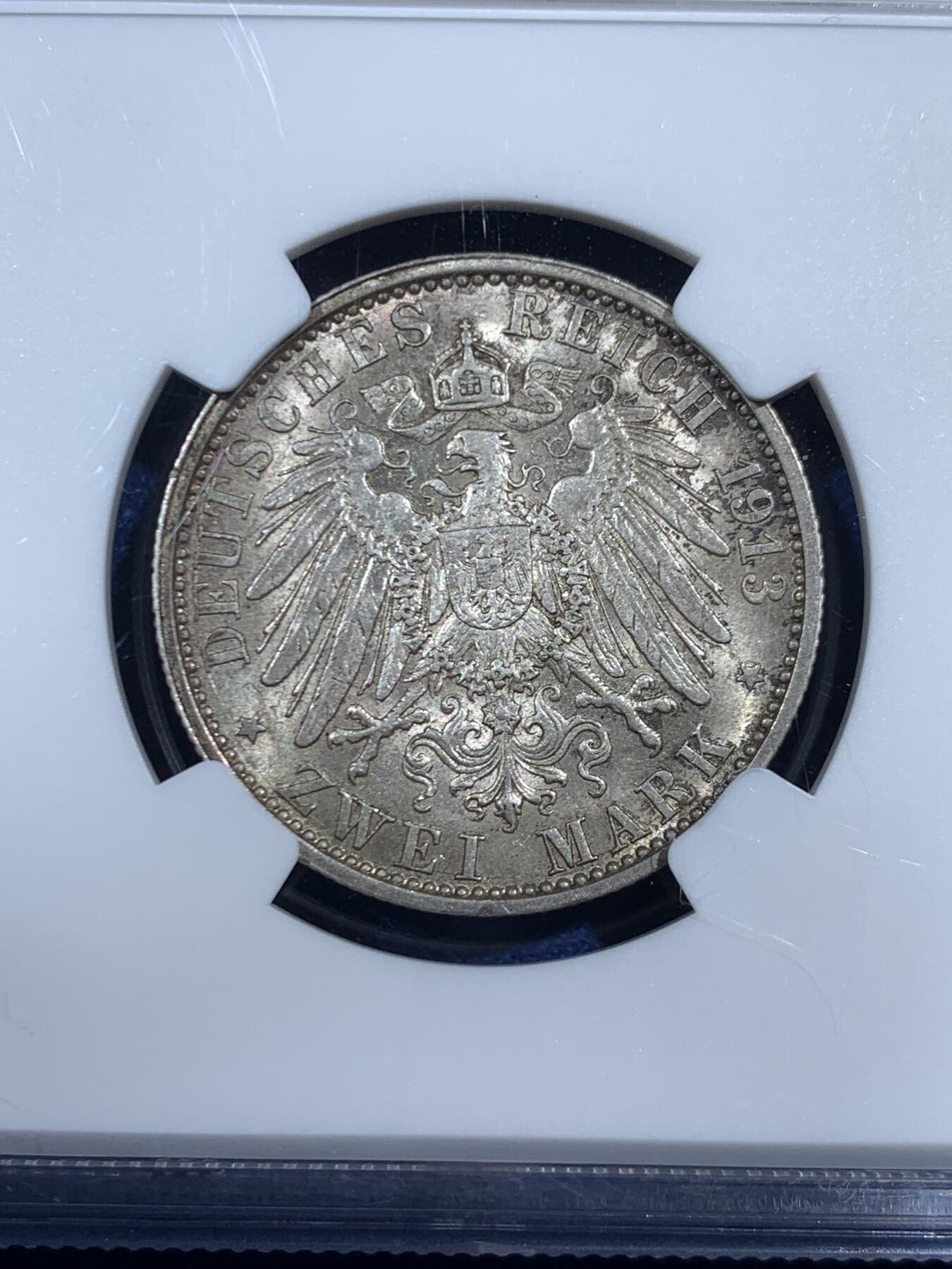 《竞宝斋》第461场 周日，周一，2场连拍 （全场包邮）欢迎送拍 NGC AU58 德国 普鲁士 1913年 威廉二世 军装 2马克 银币