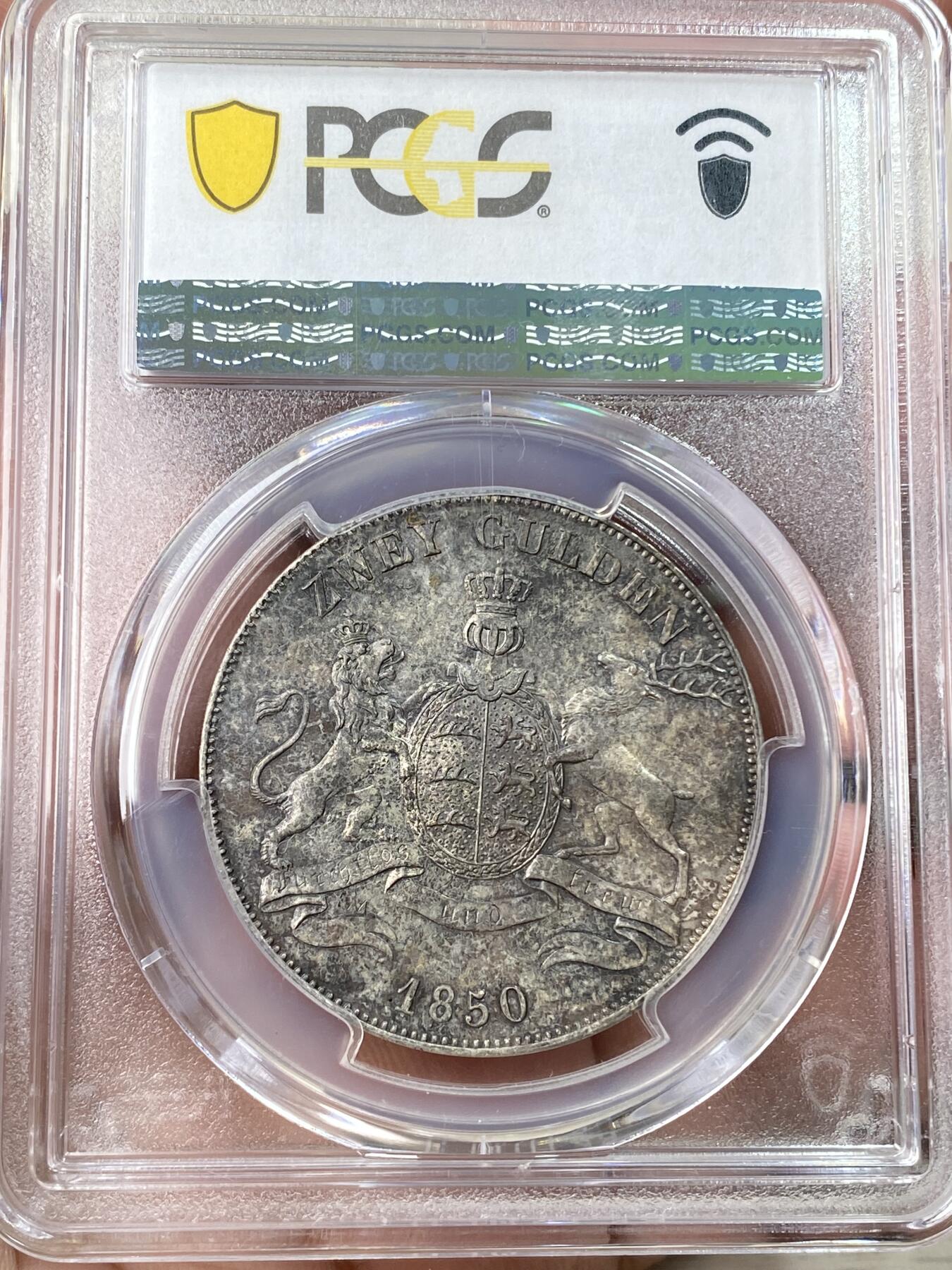万国钱币拍卖第059期 PCGS MS62 1850德国符腾堡狮鹿流通2古尔登大银币 非常舒适的原味黑五彩包浆