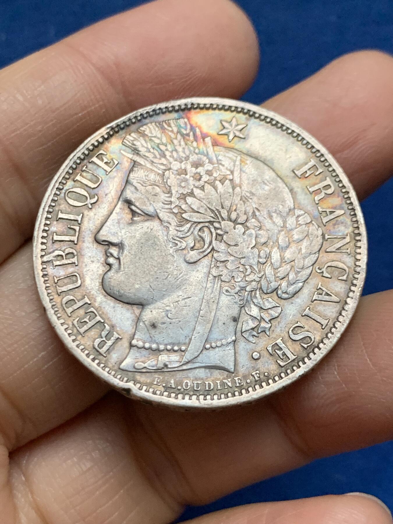 《竞宝斋》第461场 周日，周一，2场连拍 （全场包邮）欢迎送拍 法国1870年谷物女神5法郎银币 K厂波尔多厂 无箴言版