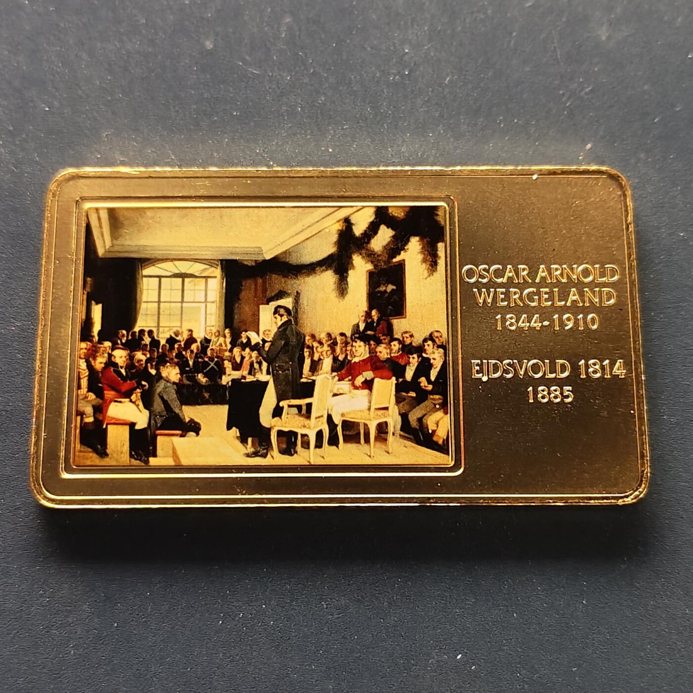 【全场包邮】纯粹捡漏拍498场-持续更新中 【少见】纽埃2016年2元挪威画家奥斯卡·阿诺德·韦格兰名作《制宪会议》彩色铜镀金长方形50克纪念币-量5000
