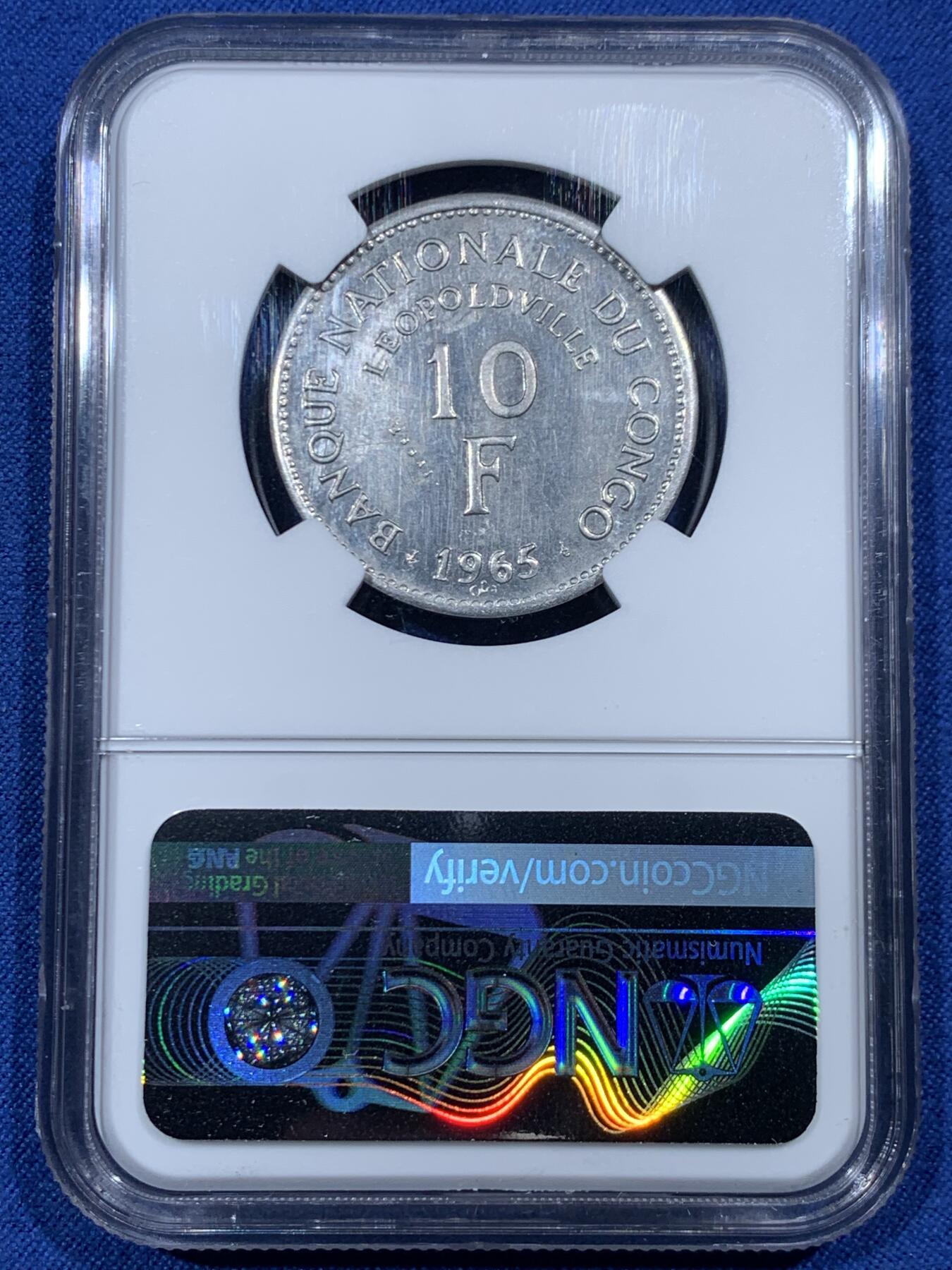 《竞宝斋》第461场 周日，周一，2场连拍 （全场包邮）欢迎送拍 NGC MS64 刚果 1965年 10法郎 样币 带Essai文字 稀少品种