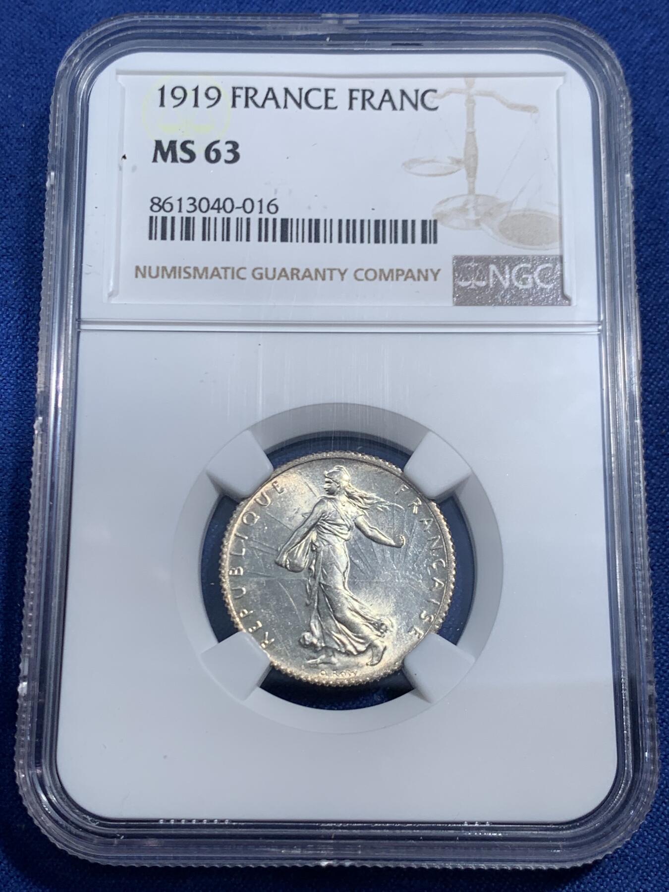 《竞宝斋》第461场 周日，周一，2场连拍 （全场包邮）欢迎送拍 NGC MS63 法国1919年播种女神1法郎银币 低评