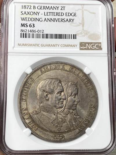 万国钱币拍卖第059期 - NGC MS63 1872德国萨克森金婚2泰勒 2泰勒关门品种 原味纸袋包浆丝绸转光极佳