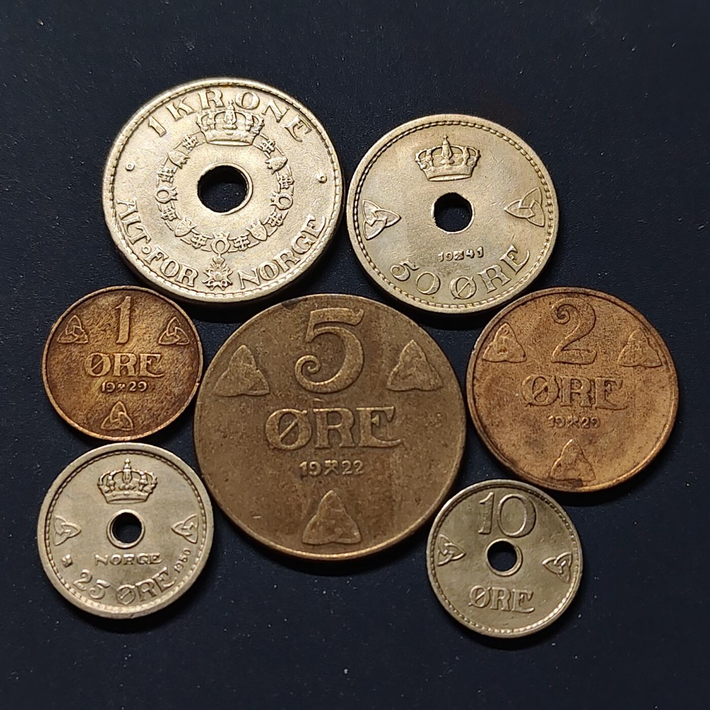 【全场包邮】纯粹捡漏拍498场-持续更新中 挪威1922-1950年哈康七世7枚套币