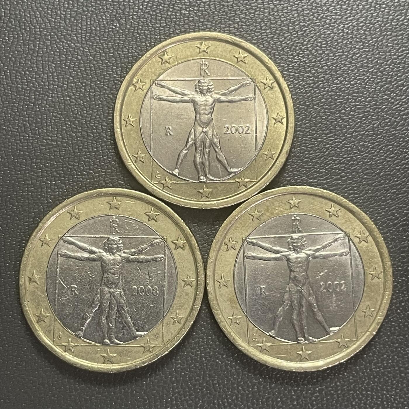 回流0125 意大利1欧元双金属币3枚 达芬奇《维特鲁威人》