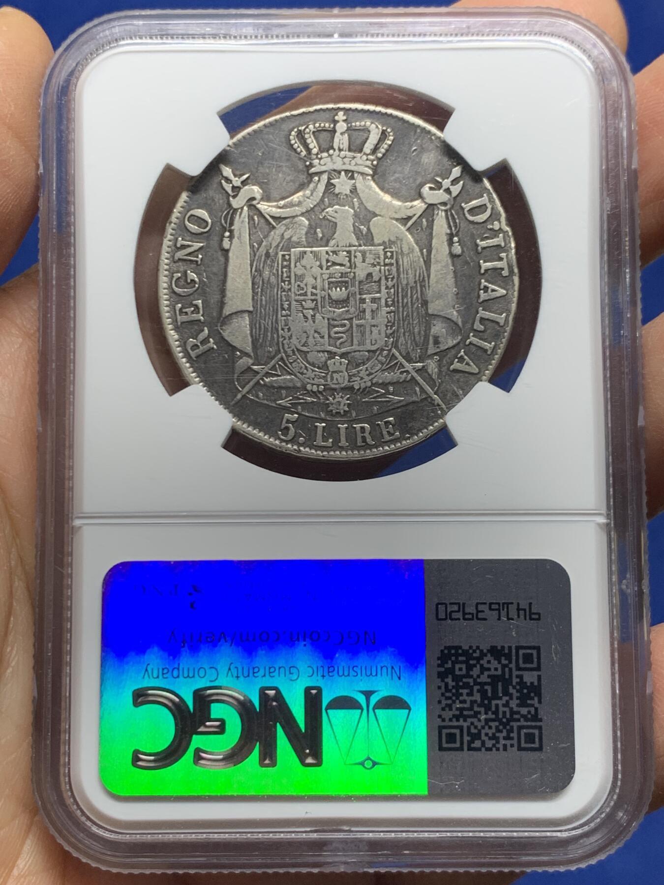 《竞宝斋》第461场 周日，周一，2场连拍 （全场包邮）欢迎送拍 NGC VG10 法属意大利 1808年 拿破仑5里拉银币 深色包浆原味状态